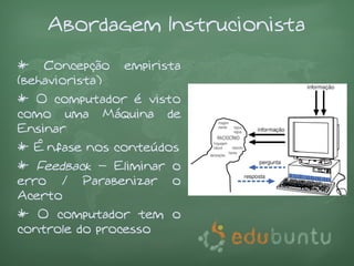 Abordagem Instrucionista
* Concepção      empirista
(behaviorista)
* O computador é visto
como uma Máquina de
Ensinar
* Ênfase nos conteúdos
* Feedback – Eliminar o
erro / Parabenizar o
Acerto
* O computador tem o
controle do processo
 