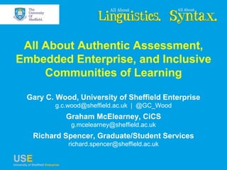 All About Authentic Assessment,
Embedded Enterprise, and Inclusive
Communities of Learning
Gary C. Wood, University of Sheffield Enterprise
g.c.wood@sheffield.ac.uk | @GC_Wood
Graham McElearney, CiCS
g.mcelearney@sheffield.ac.uk
Richard Spencer, Graduate/Student Services
richard.spencer@sheffield.ac.uk
 