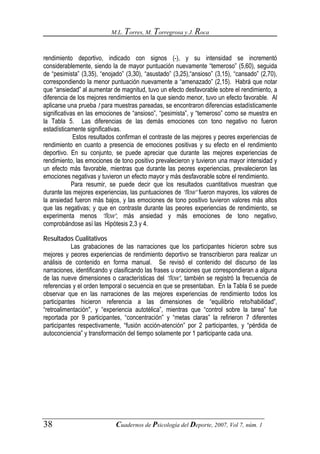 M.L. Torres, M. Torregrosa y J. Roca



rendimiento deportivo, indicado con signos (-), y su intensidad se incrementó
considerablemente, siendo la de mayor puntuación nuevamente “temeroso” (5,60), seguida
de “pesimista” (3,35), “enojado” (3,30), “asustado” (3,25),“ansioso” (3,15), “cansado” (2,70),
correspondiendo la menor puntuación nuevamente a “amenazado” (2,15). Habrá que notar
que “ansiedad” al aumentar de magnitud, tuvo un efecto desfavorable sobre el rendimiento, a
diferencia de los mejores rendimientos en la que siendo menor, tuvo un efecto favorable. Al
aplicarse una prueba t para muestras pareadas, se encontraron diferencias estadísticamente
significativas en las emociones de “ansioso”, “pesimista”, y “temeroso” como se muestra en
la Tabla 5. Las diferencias de las demás emociones con tono negativo no fueron
estadísticamente significativas.
             Estos resultados confirman el contraste de las mejores y peores experiencias de
rendimiento en cuanto a presencia de emociones positivas y su efecto en el rendimiento
deportivo. En su conjunto, se puede apreciar que durante las mejores experiencias de
rendimiento, las emociones de tono positivo prevalecieron y tuvieron una mayor intensidad y
un efecto más favorable, mientras que durante las peores experiencias, prevalecieron las
emociones negativas y tuvieron un efecto mayor y más desfavorable sobre el rendimiento.
            Para resumir, se puede decir que los resultados cuantitativos muestran que
durante las mejores experiencias, las puntuaciones de “flow” fueron mayores, los valores de
la ansiedad fueron más bajos, y las emociones de tono positivo tuvieron valores más altos
que las negativas; y que en contraste durante las peores experiencias de rendimiento, se
experimenta menos “flow”, más ansiedad y más emociones de tono negativo,
comprobándose así las Hipótesis 2,3 y 4.

Resultados Cualitativos
           Las grabaciones de las narraciones que los participantes hicieron sobre sus
mejores y peores experiencias de rendimiento deportivo se transcribieron para realizar un
análisis de contenido en forma manual. Se revisó el contenido del discurso de las
narraciones, identificando y clasificando las frases u oraciones que correspondieran a alguna
de las nueve dimensiones o características del “flow”, también se registró la frecuencia de
referencias y el orden temporal o secuencia en que se presentaban. En la Tabla 6 se puede
observar que en las narraciones de las mejores experiencias de rendimiento todos los
participantes hicieron referencia a las dimensiones de “equilibrio reto/habilidad”,
“retroalimentación", y “experiencia autotélica”, mientras que “control sobre la tarea” fue
reportada por 9 participantes, “concentración” y “metas claras” la refirieron 7 diferentes
participantes respectivamente, “fusión acción-atención” por 2 participantes, y “pérdida de
autoconciencia” y transformación del tiempo solamente por 1 participante cada una.




38                           Cuadernos de Psicología del Deporte, 2007, Vol 7, núm. 1
 