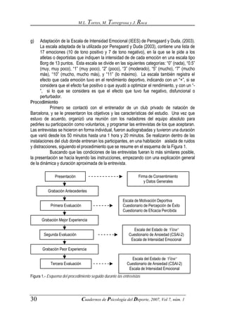 M.L. Torres, M. Torregrosa y J. Roca



g)    Adaptación de la Escala de Intensidad Emocional (IEES) de Pensgaard y Duda, (2003).
      La escala adaptada de la utilizada por Pensgaard y Duda (2003), contiene una lista de
      17 emociones (10 de tono positivo y 7 de tono negativo), en la que se le pide a los
      atletas o deportistas que indiquen la intensidad de de cada emoción en una escala tipo
      Borg de 13 puntos. Esta escala se divide en las siguientes categorías: “0” (nada), “0.5”
      (muy, muy poco), “1” (muy poco), “2” (poco), “3” (moderado), “5” (mucho), “7” (mucho
      más), “10” (mucho, mucho más), y “11” (lo máximo). La escala también registra el
      efecto que cada emoción tuvo en el rendimiento deportivo, indicando con un “+”, si se
      considera que el efecto fue positivo o que ayudó a optimizar el rendimiento, y con un “-
      ”, si lo que se considera es que el efecto que tuvo fue negativo, disfuncional o
      perturbador.
Procedimiento
            Primero se contactó con el entrenador de un club privado de natación de
Barcelona, y se le presentaron los objetivos y las características del estudio. Una vez que
estuvo de acuerdo, organizó una reunión con los nadadores del equipo absoluto para
pedirles su participación como voluntarios, y programar las entrevistas de los que aceptaran.
Las entrevistas se hicieron en forma individual, fueron audiograbadas y tuvieron una duración
que varió desde los 50 minutos hasta una 1 hora y 20 minutos. Se realizaron dentro de las
instalaciones del club donde entrenan los participantes, en una habitación aislada de ruidos
y distracciones, siguiendo el procedimiento que se resume en el esquema de la Figura 1.
            Buscando que las condiciones de las entrevistas fueran lo más similares posible,
la presentación se hacía leyendo las instrucciones, empezando con una explicación general
de la dinámica y duración aproximada de la entrevista.

               Presentación                                        Firma de Consentimiento
                                                                      y Datos Generales

          Grabación Antecedentes

                                                         Escala de Motivación Deportiva
            Primera Evaluación                           Cuestionario de Percepción de Éxito
                                                         Cuestionario de Eficacia Percibida

       Grabación Mejor Experiencia

                                                                Escala del Estado de “Flow”
        Segunda Evaluación                                   Cuestionario de Ansiedad (CSAI-2)
                                                              Escala de Intensidad Emocional

       Grabación Peor Experiencia

                                                              Escala del Estado de “Flow”
            Tercera Evaluación                             Cuestionario de Ansiedad (CSAI-2)
                                                            Escala de Intensidad Emocional
Figura 1.- Esquema del procedimiento seguido durante las entrevistas




30                               Cuadernos de Psicología del Deporte, 2007, Vol 7, núm. 1
 