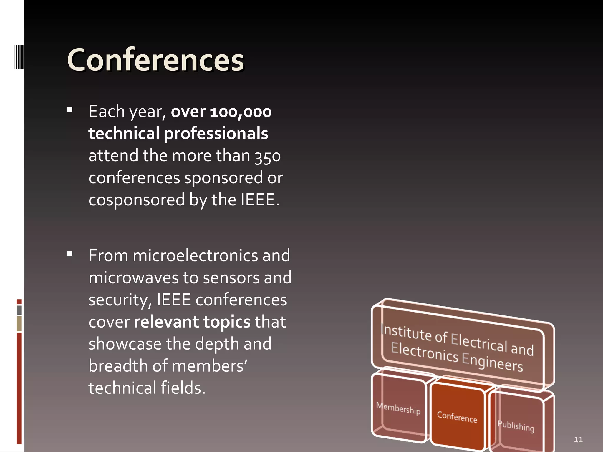 Conferences Each year,  over 100,000 technical professionals  attend the more than 350 conferences sponsored or cosponsored by the IEEE.  From microelectronics and microwaves to sensors and security, IEEE conferences cover  relevant topics  that showcase the depth and breadth of members’ technical fields.  06/07/09 