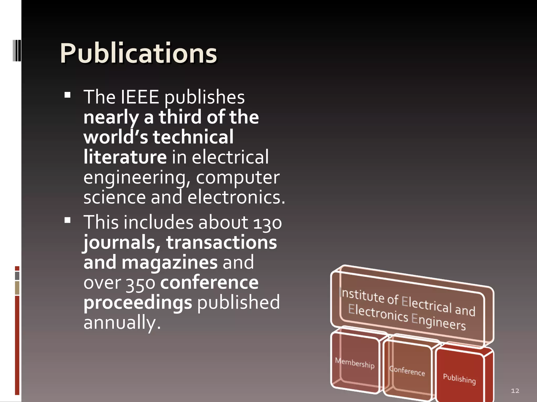 Publications The IEEE publishes  nearly a third of the world’s technical literature  in electrical engineering, computer science and electronics.  This includes about 130  journals, transactions and magazines  and over 350  conference proceedings  published annually.  