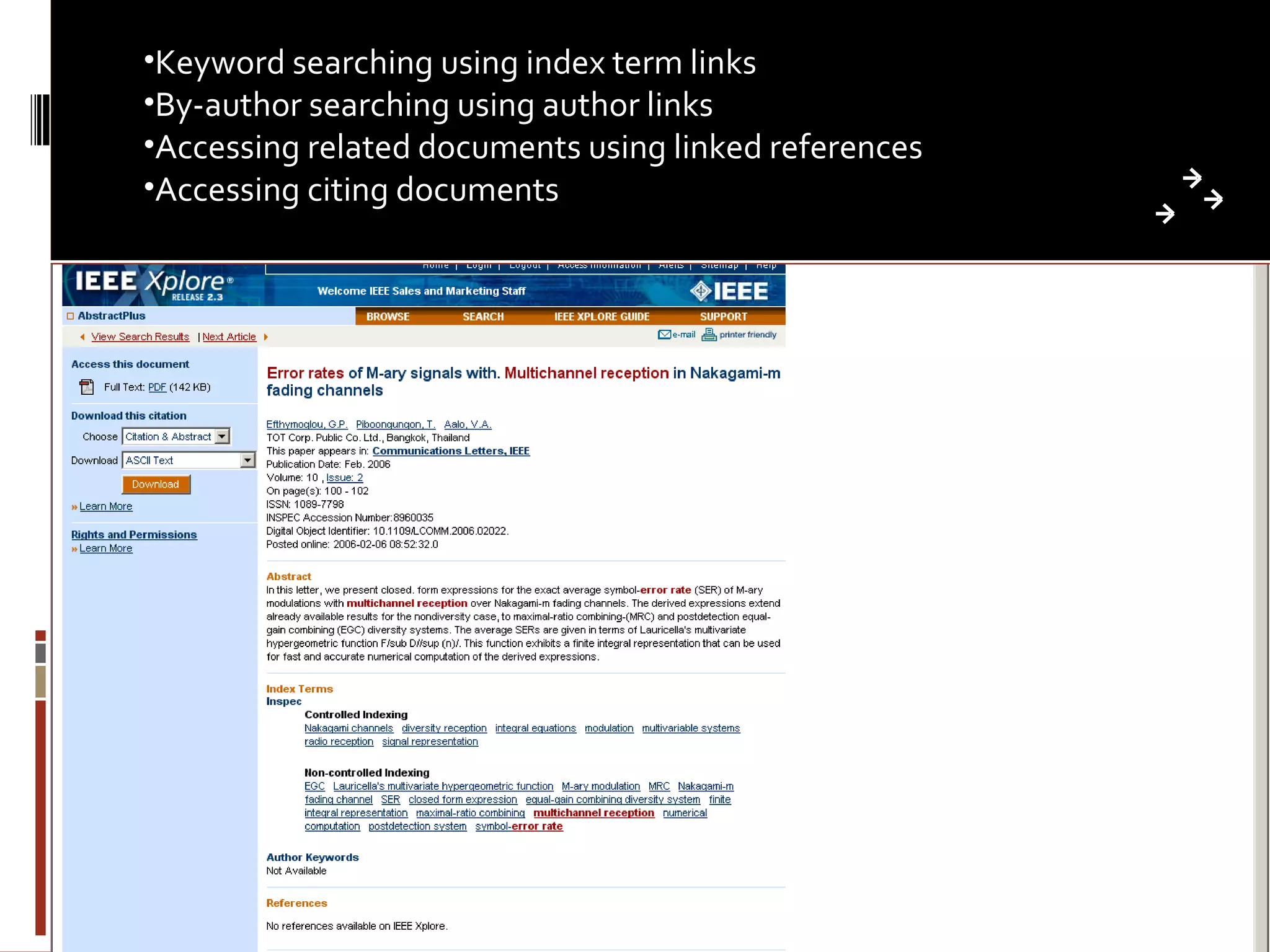 Keyword searching using index term links  By-author searching using author links Accessing related documents using linked references Accessing citing documents 