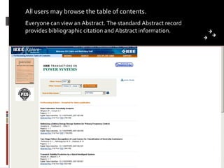 All users may browse the table of contents. Everyone can view an Abstract. The standard Abstract record provides bibliographic citation and Abstract information. 