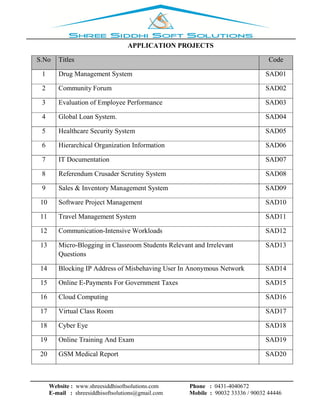 Website : www.shreesiddhisoftsolutions.com Phone : 0431-4040672
E-mail : shreesiddhisoftsolutions@gmail.com Mobile : 90032 33336 / 90032 44446
APPLICATION PROJECTS
S.No Titles Code
1 Drug Management System SAD01
2 Community Forum SAD02
3 Evaluation of Employee Performance SAD03
4 Global Loan System. SAD04
5 Healthcare Security System SAD05
6 Hierarchical Organization Information SAD06
7 IT Documentation SAD07
8 Referendum Crusader Scrutiny System SAD08
9 Sales & Inventory Management System SAD09
10 Software Project Management SAD10
11 Travel Management System SAD11
12 Communication-Intensive Workloads SAD12
13 Micro-Blogging in Classroom Students Relevant and Irrelevant
Questions
SAD13
14 Blocking IP Address of Misbehaving User In Anonymous Network SAD14
15 Online E-Payments For Government Taxes SAD15
16 Cloud Computing SAD16
17 Virtual Class Room SAD17
18 Cyber Eye SAD18
19 Online Training And Exam SAD19
20 GSM Medical Report SAD20
 