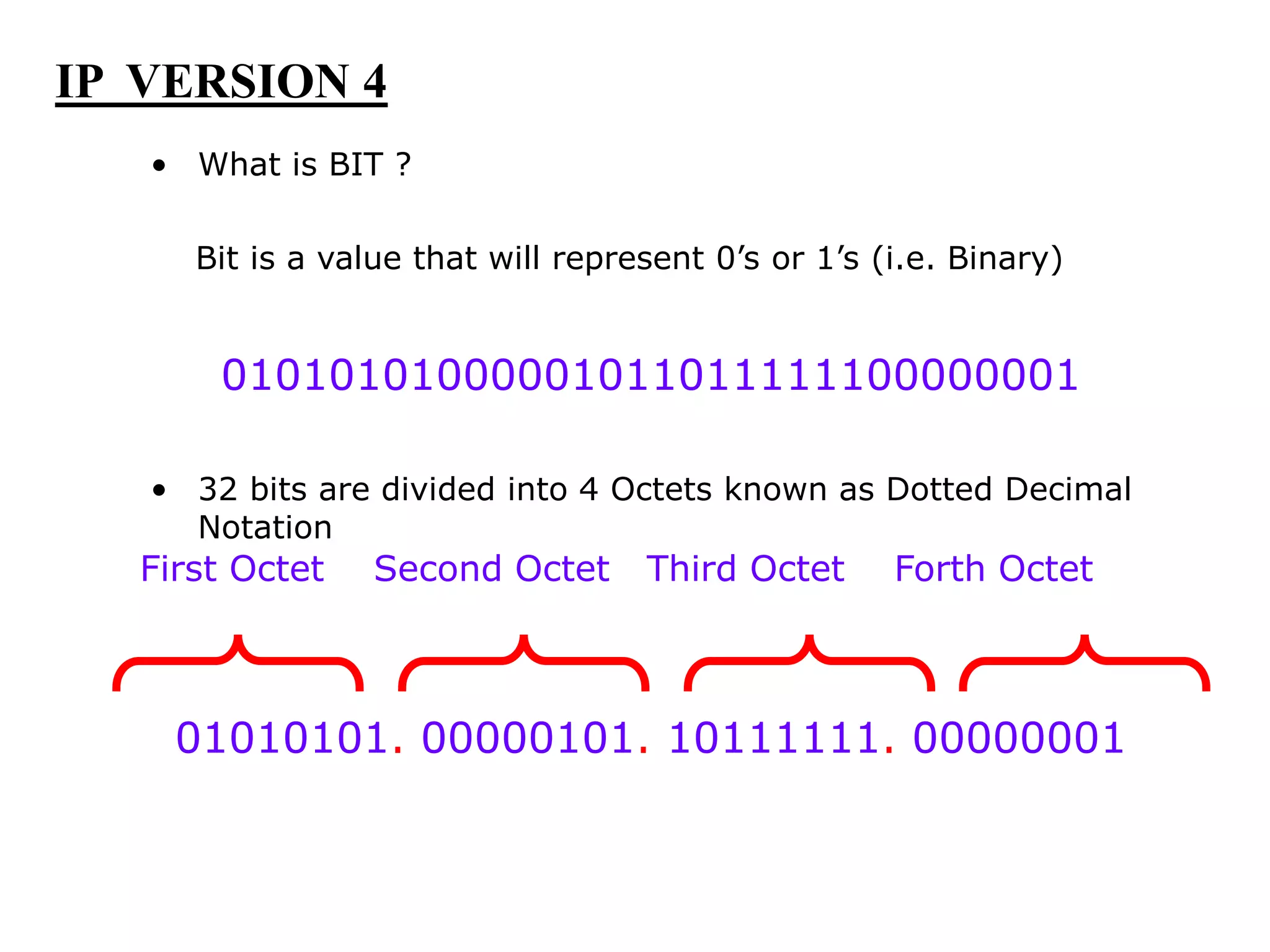 IP VERSION 4
• What is BIT ?
Bit is a value that will represent 0’s or 1’s (i.e. Binary)
01010101000001011011111100000001
• 32 bits are divided into 4 Octets known as Dotted Decimal
Notation
01010101. 00000101. 10111111. 00000001
First Octet Second Octet Third Octet Forth Octet
 