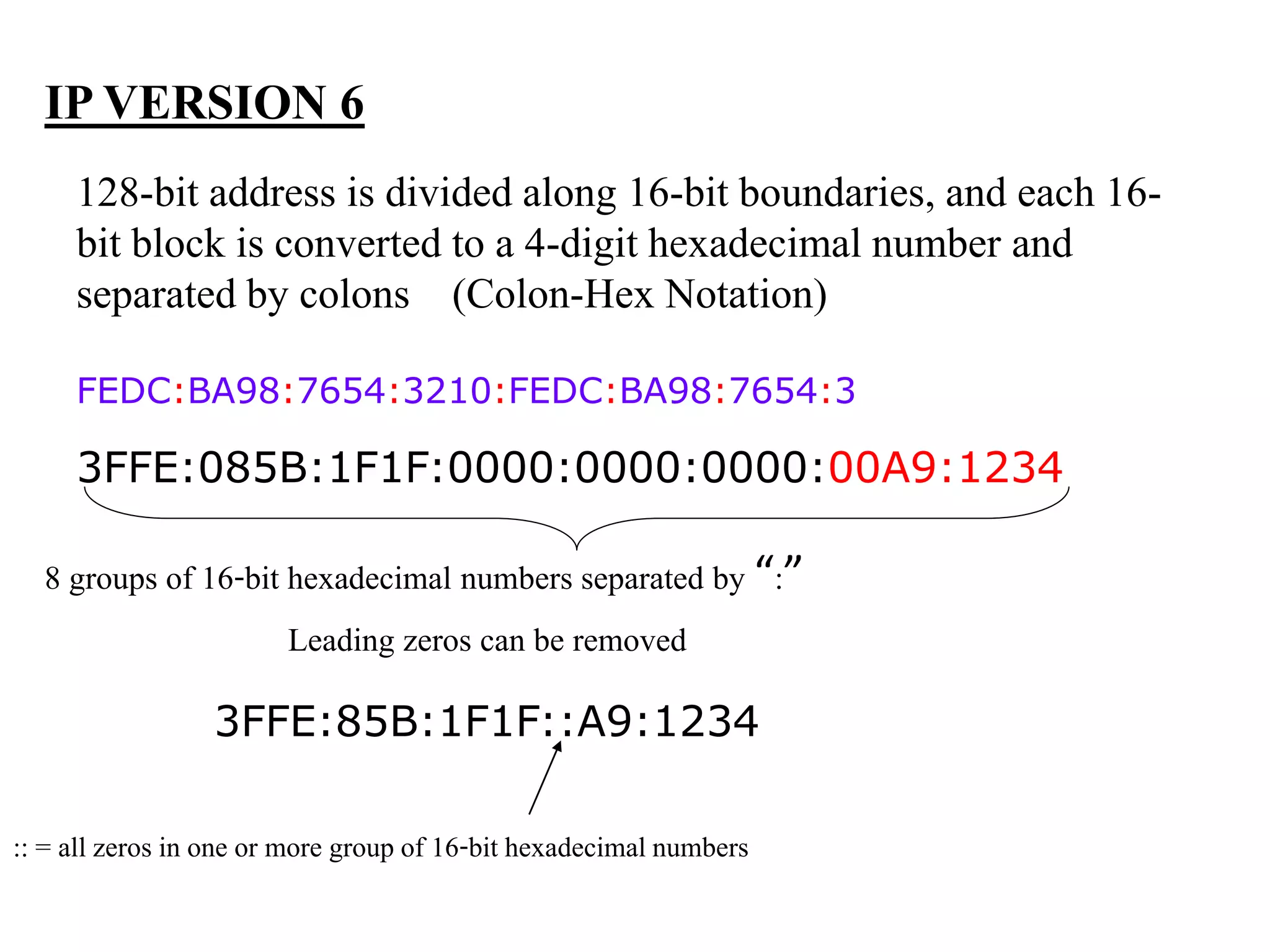 IP VERSION 6
128-bit address is divided along 16-bit boundaries, and each 16-
bit block is converted to a 4-digit hexadecimal number and
separated by colons (Colon-Hex Notation)
FEDC:BA98:7654:3210:FEDC:BA98:7654:3
3FFE:085B:1F1F:0000:0000:0000:00A9:1234
8 groups of 16-bit hexadecimal numbers separated by “:”
Leading zeros can be removed
3FFE:85B:1F1F::A9:1234
:: = all zeros in one or more group of 16-bit hexadecimal numbers
 