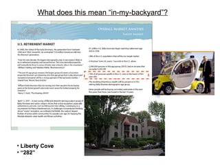 What does this mean “in-my-backyard”?
• Liberty Cove
• “282”
 