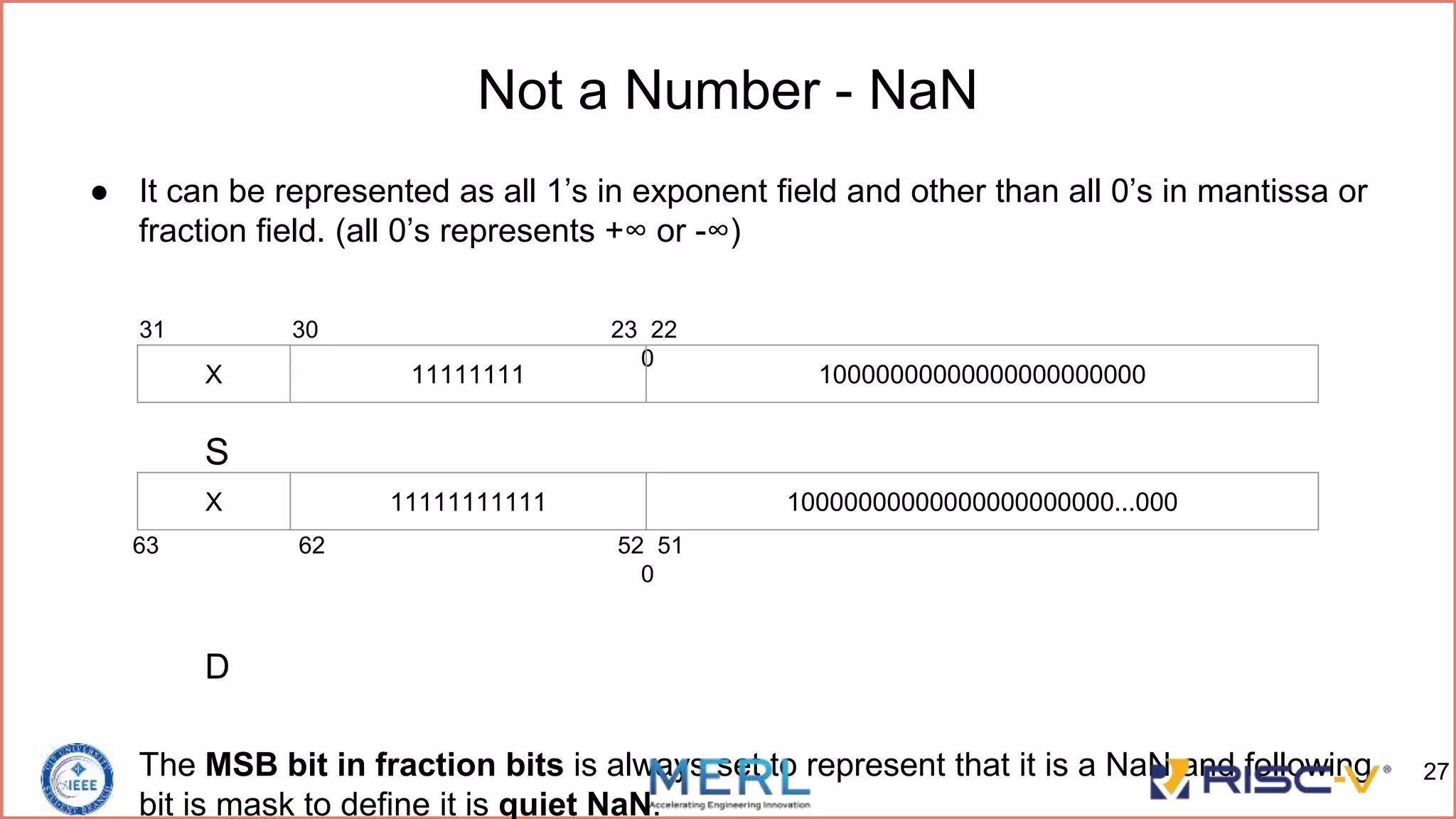 Not a Number - NaN
● It can be represented as all 1’s in exponent field and other than all 0’s in mantissa or
fraction field. (all 0’s represents +∞ or -∞)
31 30 23 22
0
S
63 62 52 51
0
D
● The MSB bit in fraction bits is always set to represent that it is a NaN and following
bit is mask to define it is quiet NaN.
X 11111111 10000000000000000000000
X 11111111111 10000000000000000000000...000
27
 