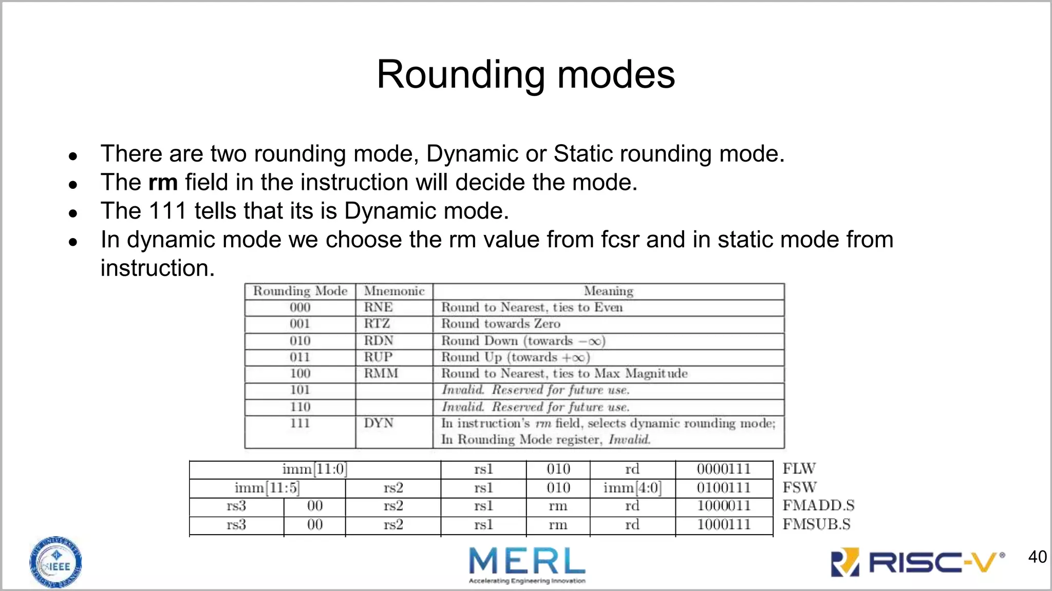 Rounding modes
● There are two rounding mode, Dynamic or Static rounding mode.
● The rm field in the instruction will decide the mode.
● The 111 tells that its is Dynamic mode.
● In dynamic mode we choose the rm value from fcsr and in static mode from
instruction.
40
 