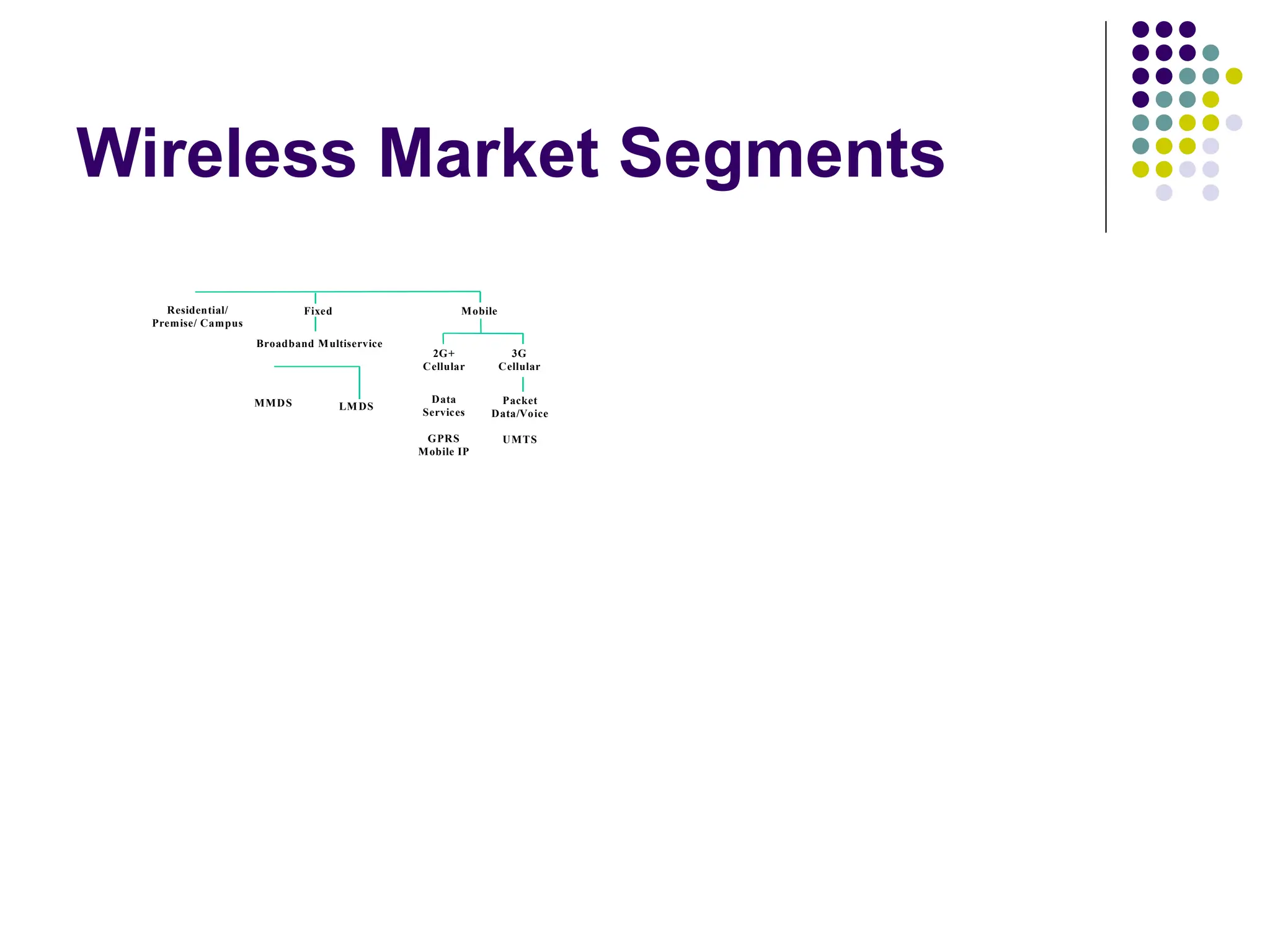 Wireless Market Segments
Wireless Market Segments & Partners
Fixed Mobile
Broadband Multiservice
2G+
Cellular
3G
Cellular
Residential/
Premise/ Campus
LMDS
MMDS
Cisco/
Bosch
Data
Services
GPRS
Mobile IP
Packet
Data/Voice
UMTS
 