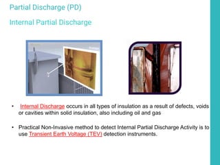 • Internal Discharge occurs in all types of insulation as a result of defects, voids
or cavities within solid insulation, also including oil and gas
• Practical Non-Invasive method to detect Internal Partial Discharge Activity is to
use Transient Earth Voltage (TEV) detection instruments.
Partial Discharge (PD)
Internal Partial Discharge
 