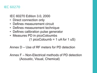 IEC 60270
IEC 60270 Edition 3.0, 2000
• Direct connection only
• Defines measurement circuit
• Defines measurement technique
• Defines calibration pulse generator
• Measures PD in picoColoumbs
(1 picoColoumb = 1 uA for 1 uS)
Annex D – Use of RF meters for PD detection
Annex F – Non-Electrical methods of PD detection
(Acoustic, Visual, Chemical)
 