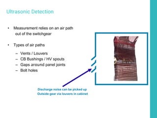 Discharge noise can be picked up
Outside gear via louvers in cabinet
• Measurement relies on an air path
out of the switchgear
• Types of air paths
– Vents / Louvers
– CB Bushings / HV spouts
– Gaps around panel joints
– Bolt holes
Ultrasonic Detection
 