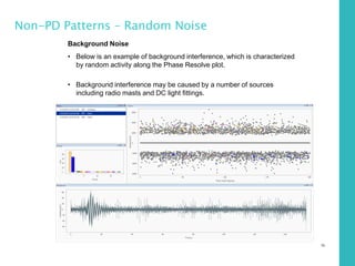 79
Non-PD Patterns – Random Noise
Background Noise
• Below is an example of background interference, which is characterized
by random activity along the Phase Resolve plot.
• Background interference may be caused by a number of sources
including radio masts and DC light fittings.
 