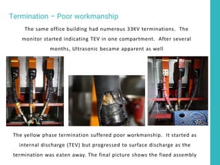 The same office building had numerous 33KV terminations. The
monitor started indicating TEV in one compartment. After several
months, Ultrasonic became apparent as well
The yellow phase termination suffered poor workmanship. It started as
internal discharge (TEV) but progressed to surface discharge as the
termination was eaten away. The final picture shows the fixed assembly
Termination – Poor workmanship
 