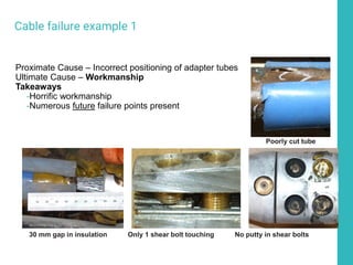 Cable failure example 1
Proximate Cause – Incorrect positioning of adapter tubes
Ultimate Cause – Workmanship
Takeaways
-Horrific workmanship
-Numerous future failure points present
30 mm gap in insulation Only 1 shear bolt touching No putty in shear bolts
Poorly cut tube
 