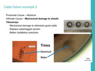Cable failure example 3
Proximate Cause – Moisture
Ultimate Cause – Mechanical damage to sheath
Takeaways
-Mechanical damage to otherwise good cable
-Replace waterlogged section
-Better installation practices
Trees
Electrical
Water
 