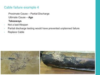 Cable failure example 4
Proximate Cause – Partial Discharge
Ultimate Cause – Age
Takeaways
- Not a bad lifespan
- Partial discharge testing would have prevented unplanned failure
- Replace Cable
 