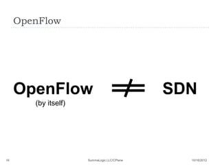 OpenFlow




     OpenFlow                                 SDN
        (by itself)




16                    SummaLogic LL...