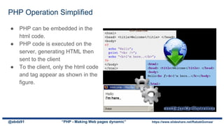 PHP Operation Simplified
● PHP can be embedded in the
html code.
● PHP code is executed on the
server, generating HTML then
sent to the client
● To the client, only the html code
and tag appear as shown in the
figure.
@abdz91 “PHP - Making Web pages dynamic” https://www.slideshare.net/RababGomaa/
 