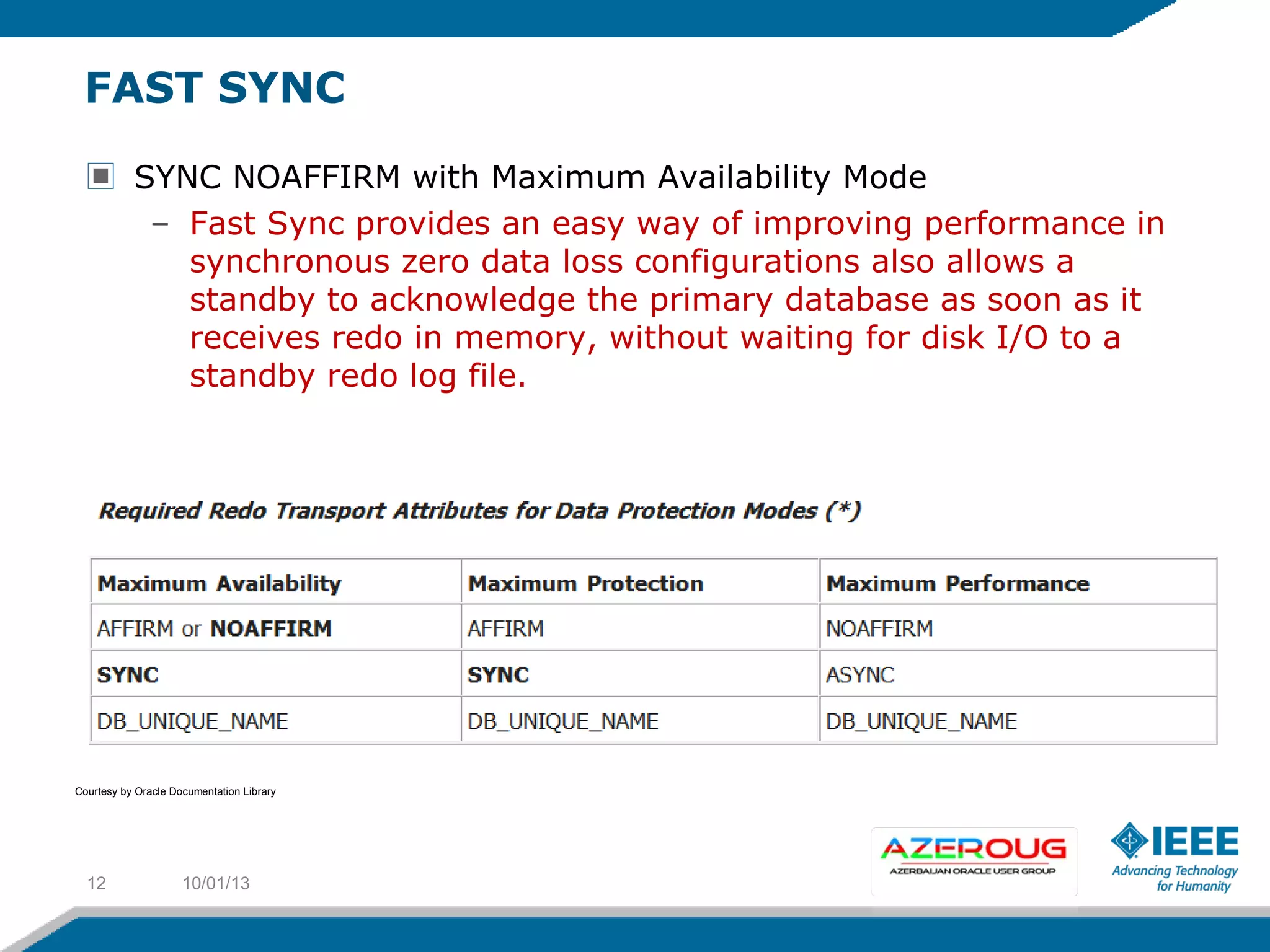 FAST SYNC
SYNC NOAFFIRM with Maximum Availability Mode
– Fast Sync provides an easy way of improving performance in
synchronous zero data loss configurations also allows a
standby to acknowledge the primary database as soon as it
receives redo in memory, without waiting for disk I/O to a
standby redo log file.
10/01/1312
Courtesy by Oracle Documentation Library
 