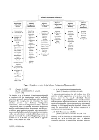 Software Configuration Management



                                                                               Software                                   Software
        Management                Software           Software                                       Software
                                                                             Configuration                                 Release
        of the SCM              Configuration      Configuration                                  Configuration
                                                                                Status                                  Management
          Process               Identification       Control                                        Auditing
                                                                              Accounting                                and Delivery

         Organizational          Identifying        Requesting,                 Software             Software             Software
        Context for SCM          Items to be       Evaluating and             Configuration         Functional            Building
                                 Controlled         Approving                     Status           Configuration
       Constraints and             Software          Software                  Information            Audit               Software
        Guidance for             Configuration       Changes                                                              Release
                                                                                Software             Software
        SCM Process                Software           Software                                                           Management
                                 Configuration
                                                                              Configuration          Physical
        Planning for                                Configuration                 Status
                                     Items          Control Board                                  Configuration
           SCM                                                                  Reporting
                                   Software                                                           Audit
            SCM                  Configuration     Software Change
       Organization and                                                                             In-Process
                                      Item         Request Process
        Responsibilities                                                                            Audits of a
                                 Relationships
                                                   Implementing                                      Software
        SCM Resources              Software
         and Schedules             Versions          Software                                        Baseline
                                                     Changes
         Tool Selection            Baseline
              and
                                  Acquiring        Deviations and
        Implementation                               Waivers
                                   Software
            Vendor/              Configuration
         Subcontractor              Items
            Control
                                  Software
       Interface Control
                                   Library
          Software
        Configuration
       Management Plan

        Surveillance of
            SCM
        SCM Measures
            and
         Measurement
         In-Process
        Audits of SCM



                           Figure 2 Breakdown of topics for the Software Configuration Management KA

1.3.       Planning for SCM                                               1.3.1. SCM organization and responsibilities
           [Dar90 :c2; IEEE12207.0-96 :c6.s2.1;                                  [Ber92:c7; Buc96:c3; IEEE828-98:c4s2]
           Som01 :c29]
                                                                          To prevent confusion about who will perform given SCM
The planning of an SCM process for a given project should                 activities or tasks, organizations to be involved in the SCM
be consistent with the organizational context, applicable                 process need to be clearly identified. Specific
constraints, commonly accepted guidance, and the nature of                responsibilities for given SCM activities or tasks also need
the project (for example, size and criticality). The major                to be assigned to organizational entities, either by title or by
activities    covered     are:    Software     Configuration              organizational element. The overall authority and reporting
Identification, Software Configuration Control, Software                  channels for SCM should also be identified, although this
Configuration Status Accounting, Software Configuration                   might be accomplished at the project management or
Auditing, and Software Release Management and Delivery.                   quality assurance planning stage.
In addition, issues such as organization and responsibilities,
resources and schedules, tool selection and implementation,               1.3.2. SCM Resources and Schedules
vendor and subcontractor control, and interface control are                      [Ber92:c7; Buc96:c3; IEEE828-98:c4s4; c4s5]
typically considered. The results of the planning activity are            Planning for SCM identifies the staff and tools involved in
recorded in an SCM Plan (SCMP), which is typically                        carrying out SCM activities and tasks. It addresses
subject to SQA review and audit.                                          scheduling questions by establishing necessary sequences


© IEEE – 2004 Version                                               7–3
 