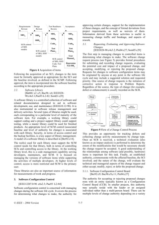 Requirements    Design         Test Readiness    Acceptance
                                                                           approving certain changes, support for the implementation
         Review          Review         Review                             of those changes, and the concept of formal deviations from
                                                                           project requirements, as well as waivers of them.
        SRSA            SRSB
                                        SRSC               SRSD            Information derived from these activities is useful in
                                                                           measuring change traffic and breakage, and aspects of
                                        SDDB               SDDC
                        SDDA                                               rework.
         SCR control                    CodeA              CodeB           3.1.             Requesting, Evaluating, and Approving Software
         of SRS
                                         Test              Test
                                                                                            Changes
         models                                                                             [IEEE828-98:c4s3.2; Pre04:c27; Som05:c29]
                        SCR control     PlansA            PlansB
                        of SRS, SDD                                        The first step in managing changes to controlled items is
                        models                            User
                                                         ManualA
                                                                           determining what changes to make. The software change
                                          SCR control
                                          of SRS, SDD
                                                                           request process (see Figure 5) provides formal procedures
                                          Code, Test    Regression         for submitting and recording change requests, evaluating
                                          Plans         Test DBA           the potential cost and impact of a proposed change, and
                  Figure 4 Acquisition of items                            accepting, modifying, or rejecting the proposed change.
                                                                           Requests for changes to software configuration items may
Following the acquisition of an SCI, changes to the item                   be originated by anyone at any point in the software life
must be formally approved as appropriate for the SCI and                   cycle and may include a suggested solution and requested
the baseline involved, as defined in the SCMP. Following                   priority. One source of change requests is the initiation of
approval, the item is incorporated into the software baseline              corrective action in response to Problem Reports.
according to the appropriate procedure.                                    Regardless of the source, the type of change (for example,
2.2.         Software Library                                              defect or enhancement) is usually recorded on the SCR.
             [Bab86 :c2 ;c5; Buc96 :c4; IEEE828-
             98:c4s3.1;Pau93:L2-82; Som01:c29]                                      Need for
                                                                                    Change
                                                                                                                   Preliminary
                                                                                                                  Investigation
A software library is a controlled collection of software and
related documentation designed to aid in software                                     Change
development, use, and maintenance (IEEE610.12-90). It is                           identified for
                                                                                  controlled item                 CCB Review
                                                                                                                                     Rejected
                                                                                                                                                   Inform
                                                                                                                                                  Requester
also instrumental in software release management and
delivery activities. Several types of libraries might be used,                    SCR generated
                                                                                                                          Approved


each corresponding to a particular level of maturity of the                         or updated                     Assign to
                                                                                                                   Software                     ‘Emergency Path’
software item. For example, a working library could                                                                Engineer                     usually also exists.

support coding and a project support library could support                                                          Schedule,
                                                                                                                                                Changes can be
                                                                                                                                                implemented with
                                                                                  SCR evaluated incomplete
testing, while a master library could be used for finished                                                         design, test,
                                                                                                                 complete change
                                                                                                                                                change process
                                                                                                                                                performed afterward
                                                                                                      complete
products. An appropriate level of SCM control (associated
baseline and level of authority for change) is associated                              Figure 5 Flow of a Change Control Process
with each library. Security, in terms of access control and                This provides an opportunity for tracking defects and
the backup facilities, is a key aspect of library management.              collecting change activity measurements by change type.
A model of a software library is described in [Ber92:c14].                 Once an SCR is received, a technical evaluation (also
The tool(s) used for each library must support the SCM                     known as an impact analysis) is performed to determine the
control needs for that library, both in terms of controlling               extent of the modifications that would be necessary should
SCIs and controlling access to the library. At the working                 the change request be accepted. A good understanding of
library level, this is a code management capability serving                the relationships among software (and possibly, hardware)
developers, maintainers, and SCM. It is focused on                         items is important for this task. Finally, an established
managing the versions of software items while supporting                   authority, commensurate with the affected baseline, the SCI
the activities of multiple developers. At higher levels of                 involved, and the nature of the change, will evaluate the
control, access is more restricted and SCM is the primary                  technical and managerial aspects of the change request and
user.                                                                      either accept, modify, reject, or defer the proposed change.
These libraries are also an important source of information                3.1.1. Software Configuration Control Board
for measurements of work and progress.                                            [Ber92:c9; Buc96:c9,c11; Pre04:c27]

3.     Software Configuration Control                                      The authority for accepting or rejecting proposed changes
                                                                           rests with an entity typically known as a Configuration
       [IEEE12207.0-96 :c6s2.3; Pau93 :L2-84]                              Control Board (CCB). In smaller projects, this authority
Software configuration control is concerned with managing                  may actually reside with the leader or an assigned
changes during the software life cycle. It covers the process              individual rather than a multi-person board. There can be
for determining what changes to make, the authority for                    multiple levels of change authority depending on a variety


© IEEE – 2004 Version                                                7–7
 