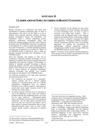 APPENDIX D
            CLASSIFICATION OFTOPICSACCORDINGTOBLOOM’STAXONOMY

INTRODUCTION
                                                                      So the evaluations can be adapted for more senior
Bloom’s taxonomy1 is a well-known and widely used                     software engineers or software engineers specializing
classification of cognitive educational goals. In order to            in certain knowledge areas, no topic is given a
help audiences who wish to use the Guide as a tool in                 taxonomy level higher than Analysis.            This is
defining course material, university curricula, university            consistent with the approach taken in the Software
program accreditation criteria, job descriptions, role                Engineering Education Body of Knowledge (SEEK)
descriptions within a software engineering process                    where no topic is assigned a taxonomy level higher
definition,     professional    development      paths    and         than Application2. The purpose of SEEK is to define a
professional training programs and other needs, Bloom’s               software engineering education body of knowledge
taxonomy levels for SWEBOK Guide topics are proposed                  appropriate for guiding the development of
in this appendix for a software engineering graduate with             undergraduate software engineering curricula.
four years of experience. A software engineering graduate             Though distinct notably in terms of scope, SEEK and
with four years of experience is in essence the “target” of           the SWEBOK Guide are closely related3.
the SWEBOK Guide as defined by what is meant by                   Bloom’s Taxonomy of the Cognitive Domain proposed in
generally accepted knowledge (See Introduction of the             1956 contains six levels. Table 14 presents these levels and
SWEBOK Guide).                                                    keywords often associated with each level.
Since this Appendix only pertains to what can be
considered as “generally accepted” knowledge, it is very
important to remember that a software engineer must know
substantially more than this “category” of knowledge. In
addition to “generally accepted” knowledge, a software
engineering graduate with four years of knowledge must
possess some elements from the Related Disciplines as
well as certain elements of specialized knowledge,
advanced knowledge and possibly even research
knowledge (see Introduction of the SWEBOK Guide).
The following assumptions were made when specifying
the proposed taxonomy levels:
     The evaluations are proposed for a “generalist”
     software engineer and not a software engineer
     working in a specialized group such as a software
     configuration management team, for instance.
     Obviously, such a software engineer would require or
     would attain much higher taxonomy levels in the
     specialty area of their group;
     A software engineer with four years of experience is
     still at the beginning of their career and would be
     assigned relatively few management duties, or at least       2
                                                                    See Joint Task Force on Computing Curricula – IEEE
     not for major endeavors.          “Management-related
                                                                  Computer Society Association for Computing Machinery,
     topics” are therefore not given priority in the proposed
                                                                  Computing Curricula – Software Engineering Volume –
     evaluations. For the same reason, taxonomy levels
                                                                  Publid Draft 1 – Computing Curriculum Software
     tend to be lower for “early-life cycle topics” such as
                                                                  Engineering, 2003. http://sites.computer.org/ccse/
     those related to software requirements than for more         3
     technically-oriented topics such as those within               See P Bourque, F. Robert, J.-M. Lavoie, A. Lee, S.
     software design, software construction or software           Trudel, T. Lethbridge, “Guide to the Software Engineering
     testing.                                                     Body of Knowledge (SWEBOK) and the Software
                                                                  Engineering Education Body of Knowledge (SEEK) – A
                                                                  Preliminary Mapping”, in Proc. Tenth Intern. Workshop
                                                                  Software Technology and Engineering Practice
                                                                  Conference (STEP 2002), pp. 8-35, 2002)
1                                                                 4
 B. Bloom (Eds), Taxonomy of Educational Objectives:                Table taken from
The Classification of Educational Goals, Mackay, 1956.            http://www.nwlink.com/~donclark/hrd/bloom.html
© IEEE – 2004 Version                                       D-1
 