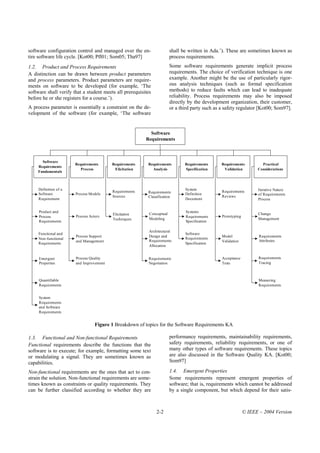 software configuration control and managed over the en-                 shall be written in Ada.’). These are sometimes known as
tire software life cycle. [Kot00; Pfl01; Som05; Tha97]                  process requirements.
1.2. Product and Process Requirements                                   Some software requirements generate implicit process
A distinction can be drawn between product parameters                   requirements. The choice of verification technique is one
and process parameters. Product parameters are require-                 example. Another might be the use of particularly rigor-
ments on software to be developed (for example, ‘The                    ous analysis techniques (such as formal specification
software shall verify that a student meets all prerequisites            methods) to reduce faults which can lead to inadequate
before he or she registers for a course.’).                             reliability. Process requirements may also be imposed
                                                                        directly by the development organization, their customer,
A process parameter is essentially a constraint on the de-              or a third party such as a safety regulator [Kot00; Som97].
velopment of the software (for example, ‘The software


                                                           Software
                                                         Requirements



      Software
                       Requirements      Requirements     Requirements         Requirements      Requirements          Practical
    Requirements
                          Process         Elicitation       Analysis           Specification      Validation         Considerations
    Fundamentals



     Definition of a                                                           System                                Iterative Nature
                                         Requirements     Requirements                           Requirements
     Software          Process Models                                          Definition                            of Requirements
                                         Sources          Classification                         Reviews
     Requirement                                                               Document                              Process


     Product and                                                               Systems
                                         Elicitation       Conceptual                                                Change
     Process           Process Actors                                          Requirements      Prototyping
                                         Techniques        Modeling                                                  Management
     Requirements                                                              Specification

                                                           Architectural
     Functional and                                                            Software
                       Process Support                     Design and                            Model                Requirements
     Non-functional                                                            Requirements
                       and Management                      Requirements                          Validation           Attributes
     Requirements                                                              Specification
                                                           Allocation


     Emergent          Process Quality                    Requirements                           Acceptance           Requirements
     Properties        and Improvement                    Negotiation                            Tests                Tracing



     Quantifiable                                                                                                     Measuring
     Requirements                                                                                                     Requirements


     System
     Requirements
     and Software
     Requirements


                                  Figure 1 Breakdown of topics for the Software Requirements KA

1.3. Functional and Non-functional Requirements                         performance requirements, maintainability requirements,
Functional requirements describe the functions that the                 safety requirements, reliability requirements, or one of
software is to execute; for example, formatting some text               many other types of software requirements. These topics
or modulating a signal. They are sometimes known as                     are also discussed in the Software Quality KA. [Kot00;
capabilities.                                                           Som97]

Non-functional requirements are the ones that act to con-               1.4. Emergent Properties
strain the solution. Non-functional requirements are some-              Some requirements represent emergent properties of
times known as constraints or quality requirements. They                software; that is, requirements which cannot be addressed
can be further classified according to whether they are                 by a single component, but which depend for their satis-



                                                               2-2                                             © IEEE – 2004 Version
 