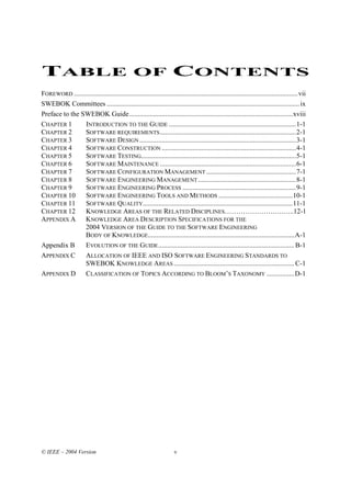 TABLE OF CONTENTS
FOREWORD ..................................................................................................................................vii
SWEBOK Committees ................................................................................................................ ix
Preface to the SWEBOK Guide...............................................................................................xviii
CHAPTER 1       INTRODUCTION TO THE GUIDE ..........................................................................1-1
CHAPTER 2       SOFTWARE REQUIREMENTS ...............................................................................2-1
CHAPTER 3       SOFTWARE DESIGN ...........................................................................................3-1
CHAPTER 4       SOFTWARE CONSTRUCTION ..............................................................................4-1
CHAPTER 5       SOFTWARE TESTING..........................................................................................5-1
CHAPTER 6       SOFTWARE MAINTENANCE ...............................................................................6-1
CHAPTER 7       SOFTWARE CONFIGURATION MANAGEMENT ....................................................7-1
CHAPTER 8       SOFTWARE ENGINEERING MANAGEMENT .........................................................8-1
CHAPTER 9       SOFTWARE ENGINEERING PROCESS ..................................................................9-1
CHAPTER 10      SOFTWARE ENGINEERING TOOLS AND METHODS ...........................................10-1
CHAPTER 11      SOFTWARE QUALITY.......................................................................................11-1
CHAPTER 12      KNOWLEDGE AREAS OF THE RELATED DISCIPLINES………………….….…..12-1
APPENDIX A KNOWLEDGE AREA DESCRIPTION SPECIFICATIONS FOR THE
                2004 VERSION OF THE GUIDE TO THE SOFTWARE ENGINEERING
                BODY OF KNOWLEDGE.....................................................................................A-1
Appendix B      EVOLUTION OF THE GUIDE ............................................................................... B-1
APPENDIX C      ALLOCATION OF IEEE AND ISO SOFTWARE ENGINEERING STANDARDS TO
                SWEBOK KNOWLEDGE AREAS ...................................................................... C-1
APPENDIX D CLASSIFICATION OF TOPICS ACCORDING TO BLOOM’S TAXONOMY ................D-1




© IEEE – 2004 Version                                                  v
 
