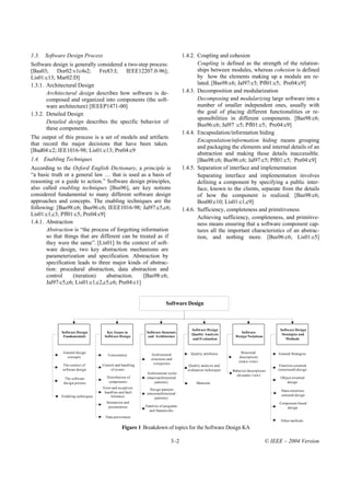 1.3.   Software Design Process                                                   1.4.2. Coupling and cohesion
Software design is generally considered a two-step process:                             Coupling is defined as the strength of the relation-
[Bas03; Dor02:v1c4s2; Fre83:I; IEEE12207.0-96];                                         ships between modules, whereas cohesion is defined
Lis01:c13; Mar02:D]                                                                     by how the elements making up a module are re-
1.3.1. Architectural Design                                                             lated. [Bas98:c6; Jal97:c5; Pfl01:c5; Pre04:c9]
       Architectural design describes how software is de-                        1.4.3. Decomposition and modularization
       composed and organized into components (the soft-                                Decomposing and modularizing large software into a
       ware architecture) [IEEEP1471-00]                                                number of smaller independent ones, usually with
1.3.2. Detailed Design                                                                  the goal of placing different functionalities or re-
                                                                                        sponsibilities in different components. [Bas98:c6;
       Detailed design describes the specific behavior of
                                                                                        Bus96:c6; Jal97 :c5; Pfl01:c5; Pre04:c9]
       these components.
                                                                                 1.4.4. Encapsulation/information hiding
The output of this process is a set of models and artifacts
                                                                                        Encapsulation/information hiding means grouping
that record the major decisions that have been taken.
                                                                                        and packaging the elements and internal details of an
[Bud04:c2; IEE1016-98; Lis01:c13; Pre04:c9
                                                                                        abstraction and making those details inaccessible.
1.4. Enabling Techniques                                                                [Bas98:c6; Bus96:c6; Jal97:c5; Pfl01:c5; Pre04:c9]
According to the Oxford English Dictionary, a principle is                       1.4.5. Separation of interface and implementation
“a basic truth or a general law … that is used as a basis of                            Separating interface and implementation involves
reasoning or a guide to action.” Software design principles,                            defining a component by specifying a public inter-
also called enabling techniques [Bus96], are key notions                                face, known to the clients, separate from the details
considered fundamental to many different software design                                of how the component is realized. [Bas98:c6;
approaches and concepts. The enabling techniques are the                                Bos00:c10; Lis01:c1,c9]
following: [Bas98:c6; Bus96:c6; IEEE1016-98; Jal97:c5,c6;                        1.4.6. Sufficiency, completeness and primitiveness
Lis01:c1,c3; Pfl01:c5; Pre04:c9]
                                                                                        Achieving sufficiency, completeness, and primitive-
1.4.1. Abstraction                                                                      ness means ensuring that a software component cap-
       Abstraction is “the process of forgetting information                            tures all the important characteristics of an abstrac-
       so that things that are different can be treated as if                           tion, and nothing more. [Bus96:c6; Lis01:c5]
       they were the same”. [Lis01] In the context of soft-
       ware design, two key abstraction mechanisms are
       parameterization and specification. Abstraction by
       specification leads to three major kinds of abstrac-
       tion: procedural abstraction, data abstraction and
       control     (iteration)    abstraction.    [Bas98:c6;
       Jal97:c5,c6; Lis01:c1,c2,c5,c6; Pre04:c1]


                                                                      Software Design



                                                                                     Software Design                                 Software Design
             Software Design         Key Issues in        Software Structure                                   Software
                                                                                     Quality Analysis                                 Strategies and
              Fundamentals          Software Design        and Architecture                                 Design Notations
                                                                                     and Evaluation                                     Methods


              General design                                                         Quality attributes         Structural          General Strategies
                                      Concurrency            Architectural
                concepts                                                                                      descriptions
                                                             structures and
                                                                                                              (static view)
              The context of       Control and handling       viewpoints
                                                                                   Quality analysis and                              Function-oriented
             software design            of events                                  evaluation techniques   Behavior descriptions    (structured) design
                                                          Architectural styles
                                                                                                             (dynamic view)
               The software          Distribution of      (macroarchitectural                                                        Object-oriented
              design process          components              patterns)                 Measures                                        design
                                   Error and exception      Design patterns
                                    handline and fault                                                                                Data-structrure
                                                          (microarchitectural                                                         centered design
             Enabling techniques        tolerance              patterns)
                                     Interaction and                                                                                Component-based
                                      presentation        Families of programs                                                          design
                                                            and frameworks
                                     Data persistence
                                                                                                                                     Other methods

                                               Figure 1 Breakdown of topics for the Software Design KA

                                                                          3–2                                                  © IEEE – 2004 Version
 