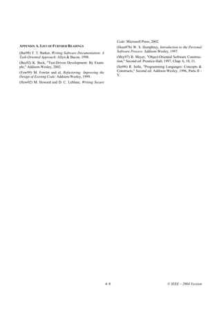 Code: Microsoft Press, 2002.
APPENDIX A. LIST OF FURTHER READINGS                            (Hum97b) W. S. Humphrey, Introduction to the Personal
(Bar98) T. T. Barker, Writing Software Documentation: A         Software Process: Addison-Wesley, 1997.
Task-Oriented Approach: Allyn & Bacon, 1998.                    (Mey97) B. Meyer, "Object-Oriented Software Construc-
(Bec02) K. Beck, "Test-Driven Development: By Exam-             tion," Second ed: Prentice-Hall, 1997, Chap. 6, 10, 11.
ple," Addison-Wesley, 2002.                                     (Set96) R. Sethi, "Programming Languages: Concepts &
(Fow99) M. Fowler and al, Refactoring: Improving the            Constructs," Second ed: Addison-Wesley, 1996, Parts II -
Design of Existing Code: Addison-Wesley, 1999.                  V.
(How02) M. Howard and D. C. Leblanc, Writing Secure




                                                          4–8                                    © IEEE – 2004 Version
 