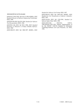 Standard for Software Unit Testing: IEEE, 1987.
APPENDIX B. LIST OF STANDARDS                              (IEEE1044-93) IEEE Std 1044-1993 (R2002), IEEE
(IEEE610.12-90) IEEE Std 610.12-1990 (R2002), IEEE         Standard for the Classification of Software Anomalies:
Standard Glossary of Software Engineering Terminology:     IEEE, 1993.
IEEE, 1990.                                                (IEEE1228-94) IEEE Std 1228-1994, Standard for
(IEEE829-98) IEEE Std 829-1998, Standard for Software      Software Safety Plans: IEEE, 1994.
Test Documentation: IEEE, 1998.                            (IEEE12207.0-96)         IEEE/EIA           12207.0-
(IEEE982.1-88) IEEE Std 982.1-1988, IEEE Standard          1996//ISO/IEC12207:1995, Industry Implementation of
Dictionary of Measures to Produce Reliable Software:       Int. Std. ISO/IEC 12207:95, Standard for Information
IEEE, 1988.                                                Technology-Software Life Cycle Processes, vol. IEEE,
                                                           1996.
(IEEE1008-87) IEEE Std 1008-1987 (R2003), IEEE




                                                    5–16                                    © IEEE – 2004 Version
 
