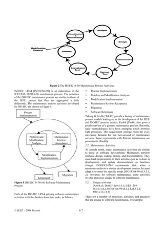 Figure 2 The IEEE1219-98 Maintenance Process Activities
ISO/IEC 14764 [ISO14764-99] is an elaboration of the                    Process Implementation
IEEE/EIA 12207.0-96 maintenance process. The activities                 Problem and Modification Analysis
of the ISO/IEC maintenance process are similar to those of
the IEEE, except that they are aggregated a little                      Modification Implementation
differently. The maintenance process activities developed               Maintenance Review/Acceptance
by ISO/IEC are shown in Figure 4.                                       Migration
       Process                                                          Software Retirement
    Implementation                                                 Takang & Grubb [Tak97] provide a history of maintenance
                                                                   process models leading up to the development of the IEEE
                                                                   and ISO/IEC process models. Parikh [Par86] also gives a
                                                                   good overview of a generic maintenance process. Recently,
                                                                   agile methodologies have been emerging which promote
                                                                   light processes. This requirement emerges from the ever-
                                                                   increasing demand for fast turn-around of maintenance
             Problem and            Maintenance                    services. Some experiments with Xtreme maintenance are
             Modification            Review/                       presented in (Poo01).
               Analysis             Acceptance
                                                                   3.2. Maintenance Activities
                                                                   As already noted, many maintenance activities are similar
                                                                   to those of software development. Maintainers perform
                         Modification                              analysis, design, coding, testing, and documentation. They
                        Implementation                             must track requirements in their activities just as is done in
                                                                   development, and update documentation as baselines
                                                                   change. ISO/IEC14764 recommends that, when a
                                                                   maintainer refers to a similar development process, he must
                                                                   adapt it to meet his specific needs [ISO14764-99:s8.3.2.1,
                                           Migration               2]. However, for software maintenance, some activities
                     Retirement                                    involve processes unique to software maintenance.
Figure 3 ISO/IEC 14764-00 Software Maintenance                     3.2.1. Unique activities
Process                                                                   [Art88:c3; Dor02:v1c9s1.9.1; IEEE1219-
                                                                          98:s4.1,s4.2; ISO14764-99:s8.2.2.1,s8.3.2.1;
                                                                          Pfl01:c11s11.2]
Each of the ISO/IEC 14764 primary software maintenance
activities is further broken down into tasks, as follows.          There are a number of processes, activities, and practices
                                                                   that are unique to software maintenance, for example:


© IEEE – 2004 Version                                        6-7
 