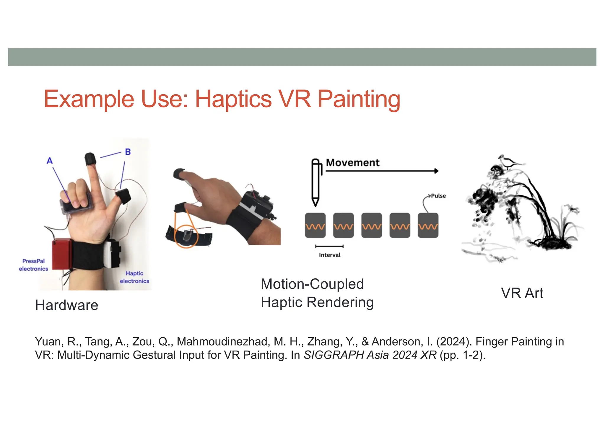 Example Use: Haptics VR Painting
Hardware
Motion-Coupled
Haptic Rendering
VR Art
Yuan, R., Tang, A., Zou, Q., Mahmoudinezhad, M. H., Zhang, Y., & Anderson, I. (2024). Finger Painting in
VR: Multi-Dynamic Gestural Input for VR Painting. In SIGGRAPH Asia 2024 XR (pp. 1-2).
 