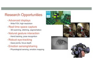 Research Opportunities
• Advanced displays
• Wide FOV, high resolution
• Real time space capture
• 3D scanning, stitching, segmentation
• Natural gesture interaction
• Hand tracking, pose recognition
• Robust eye-tracking
• Gaze points, focus depth
• Emotion sensing/sharing
• Physiological sensing, emotion mapping
 