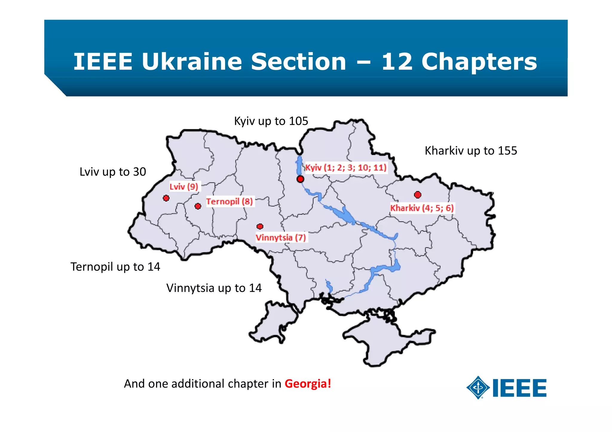 IEEE Ukraine Section – 12 Chapters
And one additional chapter in Georgia!
Kharkiv up to 155
Kyiv up to 105
Lviv up to 30
Ternopil up to 14
Vinnytsia up to 14
 