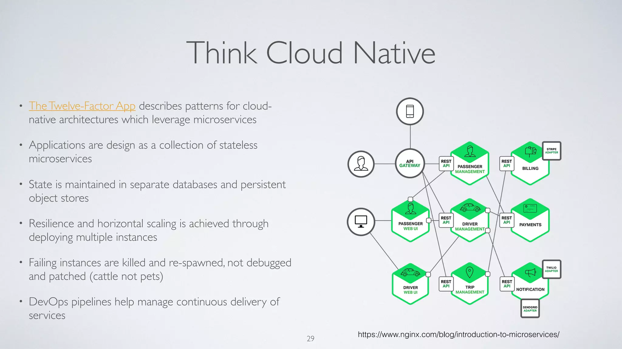 Think Cloud Native
• TheTwelve-Factor App describes patterns for cloud-
native architectures which leverage microservices
• Applications are design as a collection of stateless
microservices
• State is maintained in separate databases and persistent
object stores
• Resilience and horizontal scaling is achieved through
deploying multiple instances
• Failing instances are killed and re-spawned, not debugged
and patched (cattle not pets)
• DevOps pipelines help manage continuous delivery of
services
https://www.nginx.com/blog/introduction-to-microservices/
29
 