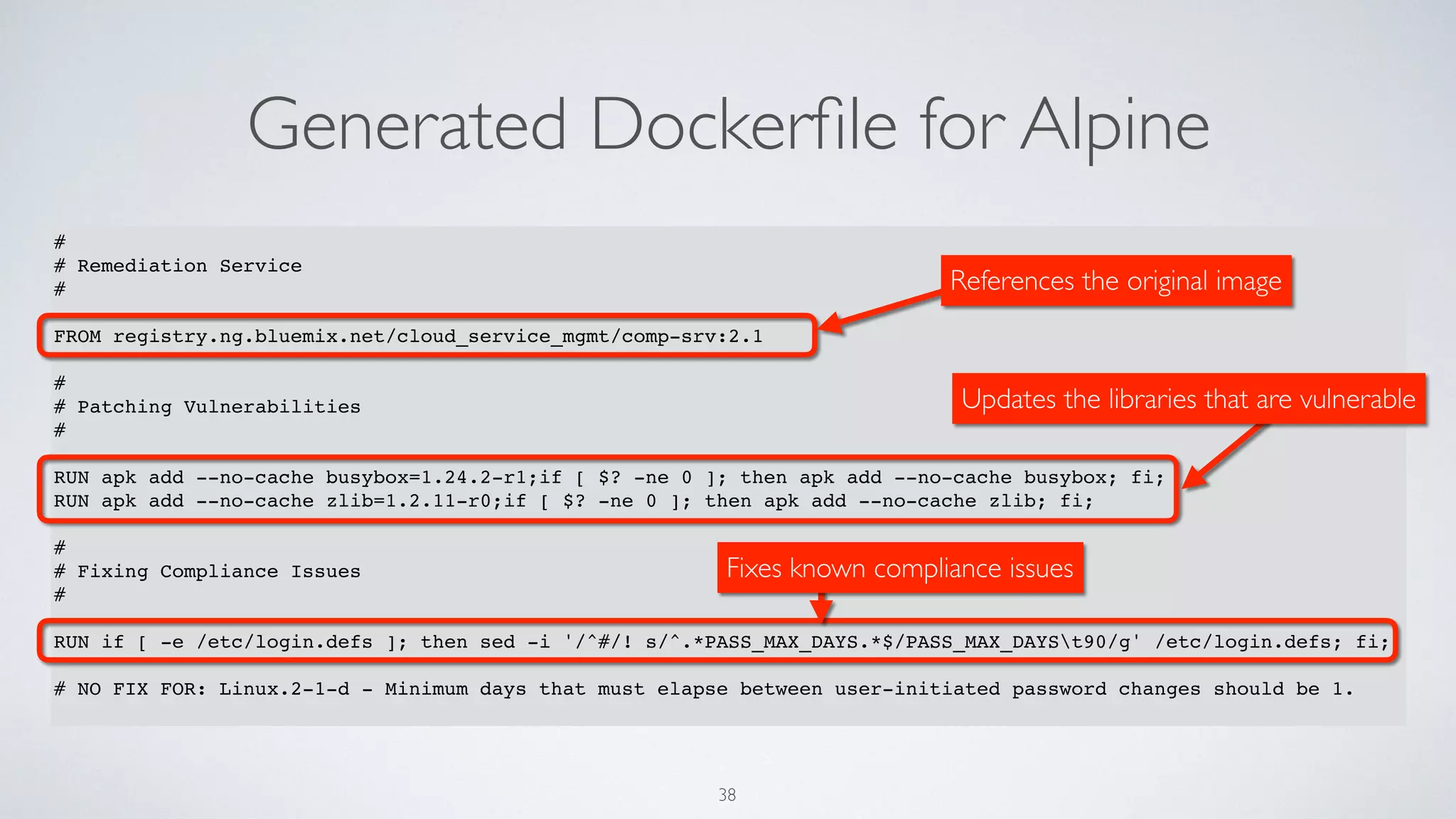 Generated Dockerﬁle for Alpine
38
#
# Remediation Service
#
FROM registry.ng.bluemix.net/cloud_service_mgmt/comp-srv:2.1
#
# Patching Vulnerabilities
#
RUN apk add --no-cache busybox=1.24.2-r1;if [ $? -ne 0 ]; then apk add --no-cache busybox; fi;
RUN apk add --no-cache zlib=1.2.11-r0;if [ $? -ne 0 ]; then apk add --no-cache zlib; fi;
#
# Fixing Compliance Issues
#
RUN if [ -e /etc/login.defs ]; then sed -i '/^#/! s/^.*PASS_MAX_DAYS.*$/PASS_MAX_DAYSt90/g' /etc/login.defs; fi;
# NO FIX FOR: Linux.2-1-d - Minimum days that must elapse between user-initiated password changes should be 1.
References the original image
Updates the libraries that are vulnerable
Fixes known compliance issues
 