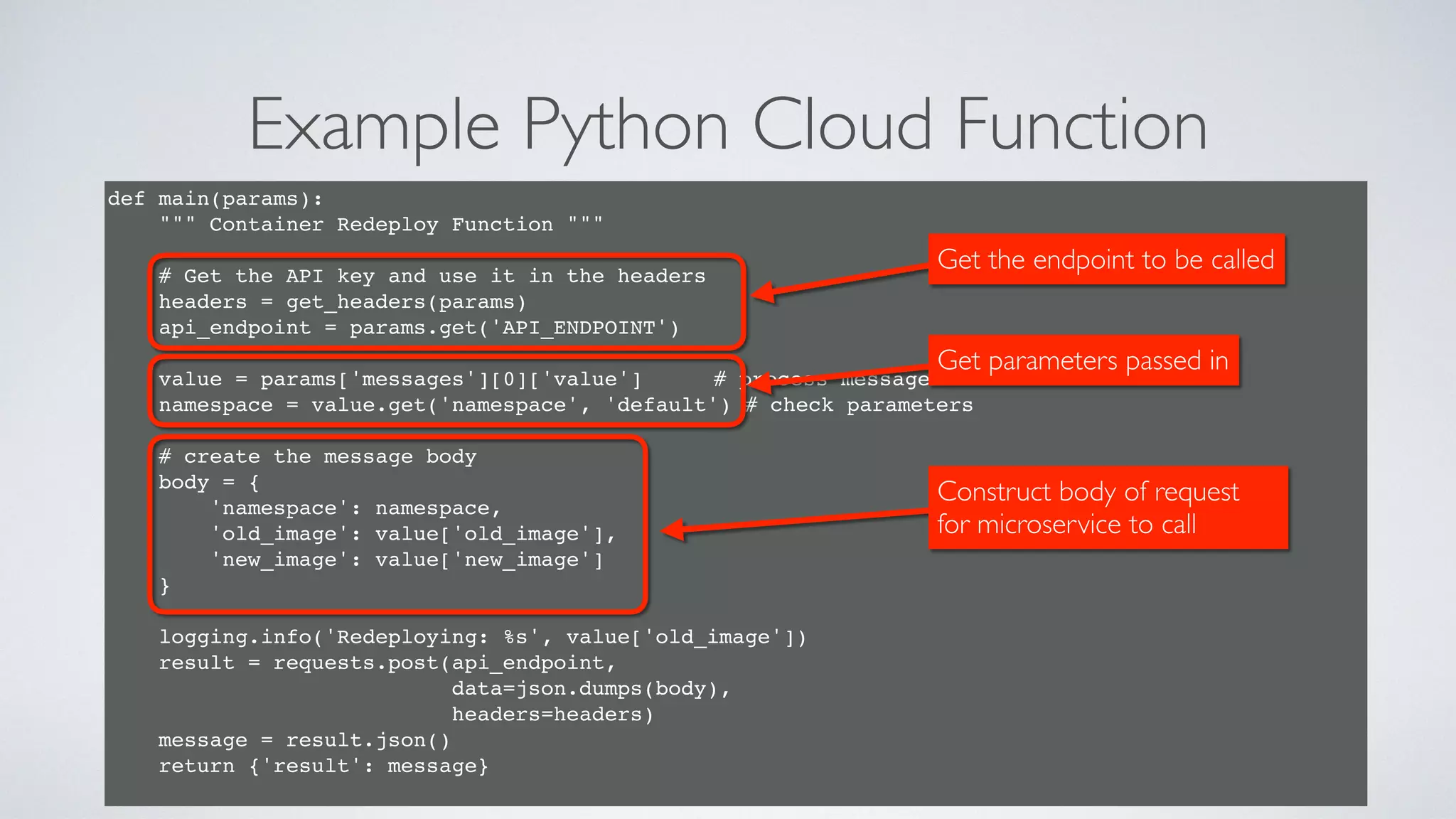 Example Python Cloud Function
47
def main(params):
""" Container Redeploy Function """
# Get the API key and use it in the headers
headers = get_headers(params)
api_endpoint = params.get('API_ENDPOINT')
value = params['messages'][0]['value'] # process messages
namespace = value.get('namespace', 'default') # check parameters
# create the message body
body = {
'namespace': namespace,
'old_image': value['old_image'],
'new_image': value['new_image']
}
logging.info('Redeploying: %s', value['old_image'])
result = requests.post(api_endpoint,
data=json.dumps(body),
headers=headers)
message = result.json()
return {'result': message}
Get the endpoint to be called
Get parameters passed in
Construct body of request
for microservice to call
 