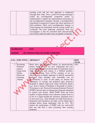 existing work and our own approach is conducted
                     through three steps. First, a proof-of-concept prototype
                     called the reconfigurable component model is
                     implemented to support the representation and testing of
                     the reconfiguration strategies. Second, a reconfiguration
                     benchmark is proposed to expose the whole spectrum of
                     QoS problems. Third, each reconfiguration strategy is
                     tested against the benchmark and the testing results are
                     evaluated. The most important conclusion from our
                     investigation is that the classified QoS characteristics
                     can be fully achieved under some acceptable constraints.




TECHNOLOGY         : JAVA

DOMAIN     : IEEE TRANSACTIONS ON SECURE COMPUTING



S.No. IEEE TITLE ABSTRACT                                                     IEEE
                                                                              YEAR
  1. Revisiting     Brute force and dictionary attacks on password-only 2012
     Defenses       remote login services are now widespread and ever
     against        increasing.Enabling convenient login for legitimate users
     Large-Scale    while preventing such attacks is a difficult problem.
     Online         Automated Turing Tests (ATTs) continue to be an
     Password       effective, easy-to-deploy approach to identify automated
     Guessing       malicious login attempts with reasonable cost of
     Attacks        inconvenience to users. In this paper, we discuss the
                    inadequacy of existing and proposed login protocols
                    designed to address large-scale online dictionary attacks
                    (e.g., from a botnet of hundreds of thousands of nodes).
                    We propose a new Password Guessing Resistant Protocol
                    (PGRP), derived upon revisiting prior proposals designed
                    to restrict such attacks. While PGRP limits the total
                    number of login attempts from unknown remote hosts to
                    as low as a single attempt per username, legitimate users
                    in most cases (e.g., when attempts are made from known,
                    frequently-used machines) can make several failed login
                    attempts before being challenged with an ATT. We
                    analyze the performance of PGRP with two real-world
                    data sets and find it more promising than existing
                    proposals
 