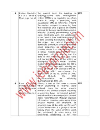 3. Robust Module-
B a s e d D a t a
M a n a g e m e n t
The current trend for building an
ontology-based data management
system (DMS) is to capitalize on efforts
made to design a preexisting well-
established DMS (a reference system).
The method amounts to extracting from
the reference DMS a piece of schema
relevant to the new application needs-a
module-, possibly personalizing it with
extra constraints w.r.t. the application
under construction, and then managing
a data set using the resulting schema. In
this paper, we extend the existing
definitions of modules and we introduce
novel properties of robustness that
provide means for checking easily that
a robust module-based DMS evolves
safely w.r.t. both the schema and the
data of the reference DMS. We carry
out our investigations in the setting of
description logics which underlie
modern ontology languages, like RDFS,
OWL, and OWL2 from W3C. Notably, we
focus on the DL-liteA dialect of the DL-
lite family, which encompasses the
foundations of the QL profile of OWL2
(i.e., DL-liteR): the W3C
recommendation for efficiently
managing large data sets.
2013
4. P r o t e c t i n g
Sensitive Labels
in Social Network
D a t a
Anonymization
Privacy is one of the major concerns
when publishing or sharing social
network data for social science
research and business analysis. Recently,
researchers have developed privacy
models similar to k-anonymity to prevent
node reidentification through structure
information. However, even when these
privacy models are enforced, an
attacker may still be able to infer one's
private information if a group of nodes
largely share the same sensitive labels
(i.e., attributes). In other words, the
label-node relationship is not well
2013
 