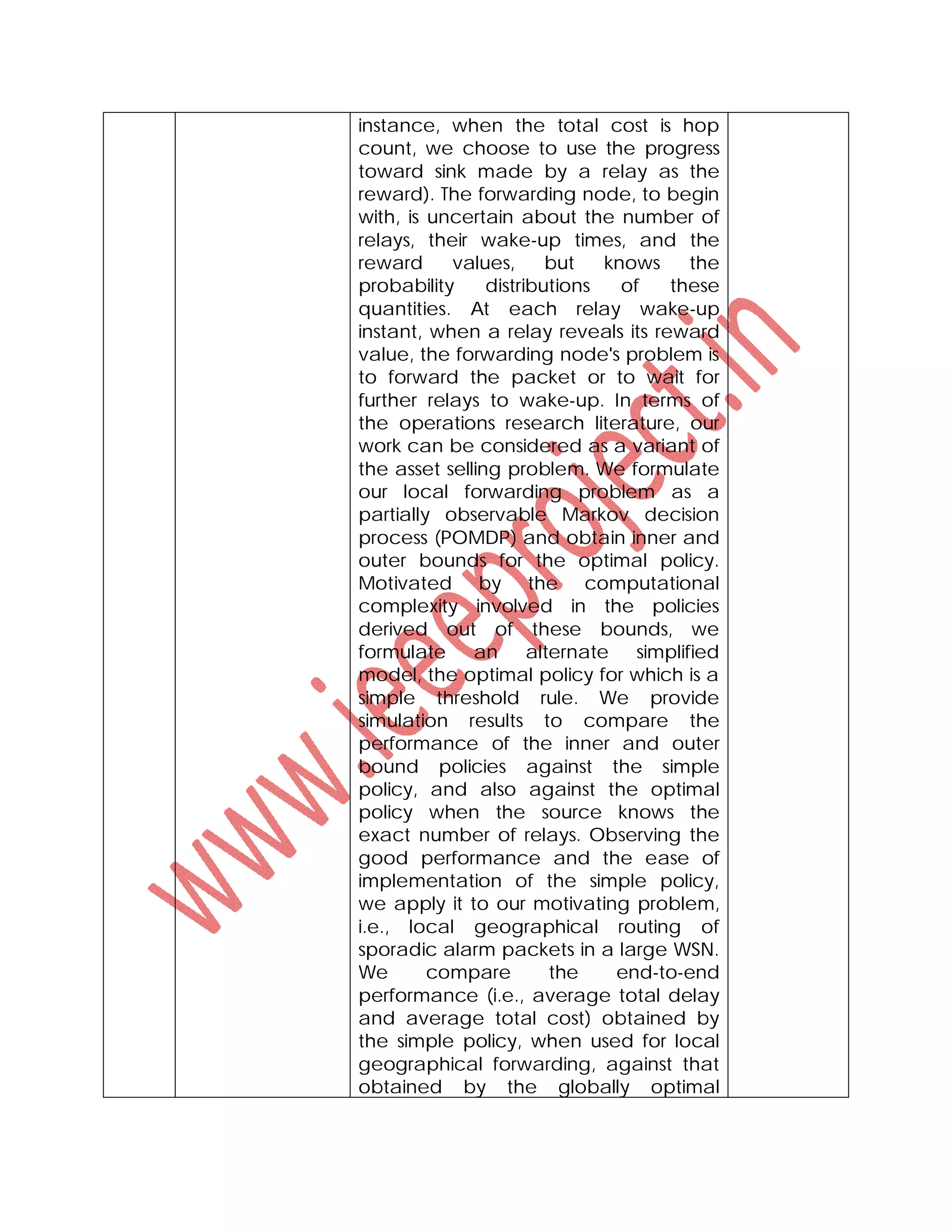 instance, when the total cost is hop
count, we choose to use the progress
toward sink made by a relay as the
reward). The forwarding node, to begin
with, is uncertain about the number of
relays, their wake-up times, and the
reward values, but knows the
probability distributions of these
quantities. At each relay wake-up
instant, when a relay reveals its reward
value, the forwarding node's problem is
to forward the packet or to wait for
further relays to wake-up. In terms of
the operations research literature, our
work can be considered as a variant of
the asset selling problem. We formulate
our local forwarding problem as a
partially observable Markov decision
process (POMDP) and obtain inner and
outer bounds for the optimal policy.
Motivated by the computational
complexity involved in the policies
derived out of these bounds, we
formulate an alternate simplified
model, the optimal policy for which is a
simple threshold rule. We provide
simulation results to compare the
performance of the inner and outer
bound policies against the simple
policy, and also against the optimal
policy when the source knows the
exact number of relays. Observing the
good performance and the ease of
implementation of the simple policy,
we apply it to our motivating problem,
i.e., local geographical routing of
sporadic alarm packets in a large WSN.
We compare the end-to-end
performance (i.e., average total delay
and average total cost) obtained by
the simple policy, when used for local
geographical forwarding, against that
obtained by the globally optimal
 