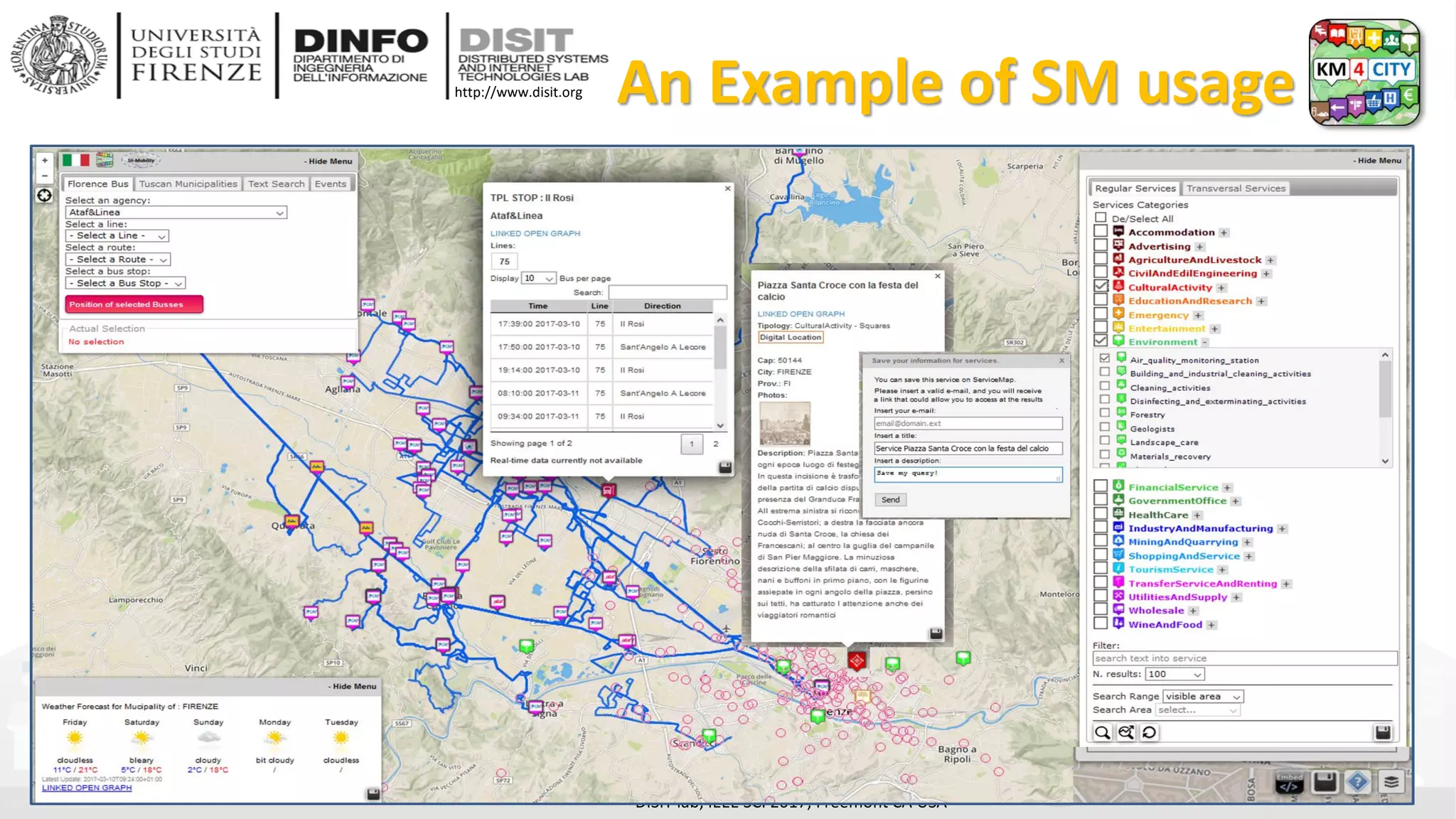 DISIT Lab, Distributed Data Intelligence and Technologies
Distributed Systems and Internet Technologies
Department of Information Engineering (DINFO)
http://www.disit.dinfo.unifi.it
http://www.disit.org An Example of SM usage
DISIT lab, IEEE SCI 2017, Freemont CA USA
 