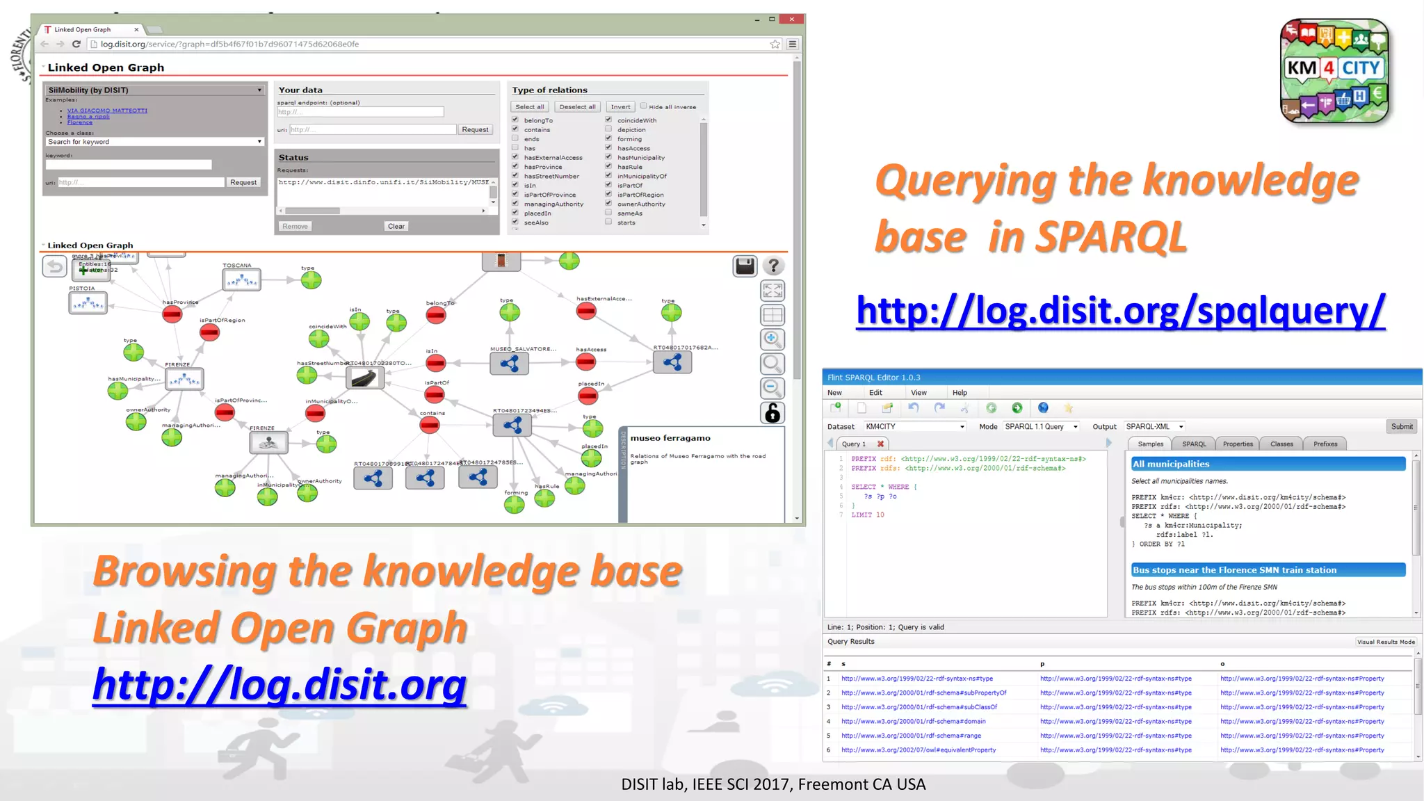 DISIT Lab, Distributed Data Intelligence and Technologies
Distributed Systems and Internet Technologies
Department of Information Engineering (DINFO)
http://www.disit.dinfo.unifi.it
http://www.disit.org
DISIT lab, IEEE SCI 2017, Freemont CA USA
Browsing the knowledge base
Linked Open Graph
http://log.disit.org
Querying the knowledge
base in SPARQL
http://log.disit.org/spqlquery/
 