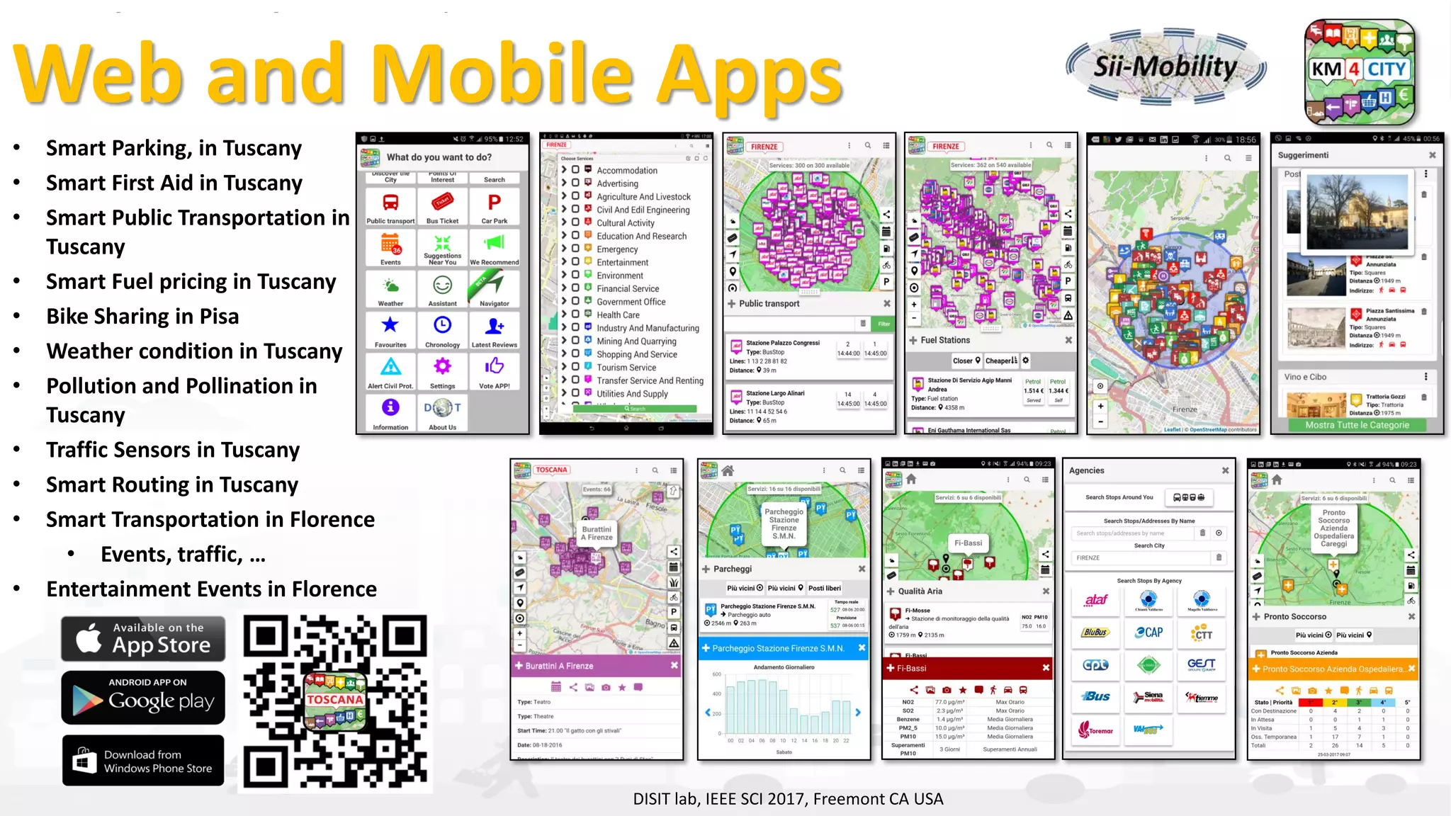 DISIT Lab, Distributed Data Intelligence and Technologies
Distributed Systems and Internet Technologies
Department of Information Engineering (DINFO)
http://www.disit.dinfo.unifi.it
http://www.disit.orgWeb and Mobile Apps
• Smart Parking, in Tuscany
• Smart First Aid in Tuscany
• Smart Public Transportation in
Tuscany
• Smart Fuel pricing in Tuscany
• Bike Sharing in Pisa
• Weather condition in Tuscany
• Pollution and Pollination in
Tuscany
• Traffic Sensors in Tuscany
• Smart Routing in Tuscany
• Smart Transportation in Florence
• Events, traffic, …
• Entertainment Events in Florence
DISIT lab, IEEE SCI 2017, Freemont CA USA
 