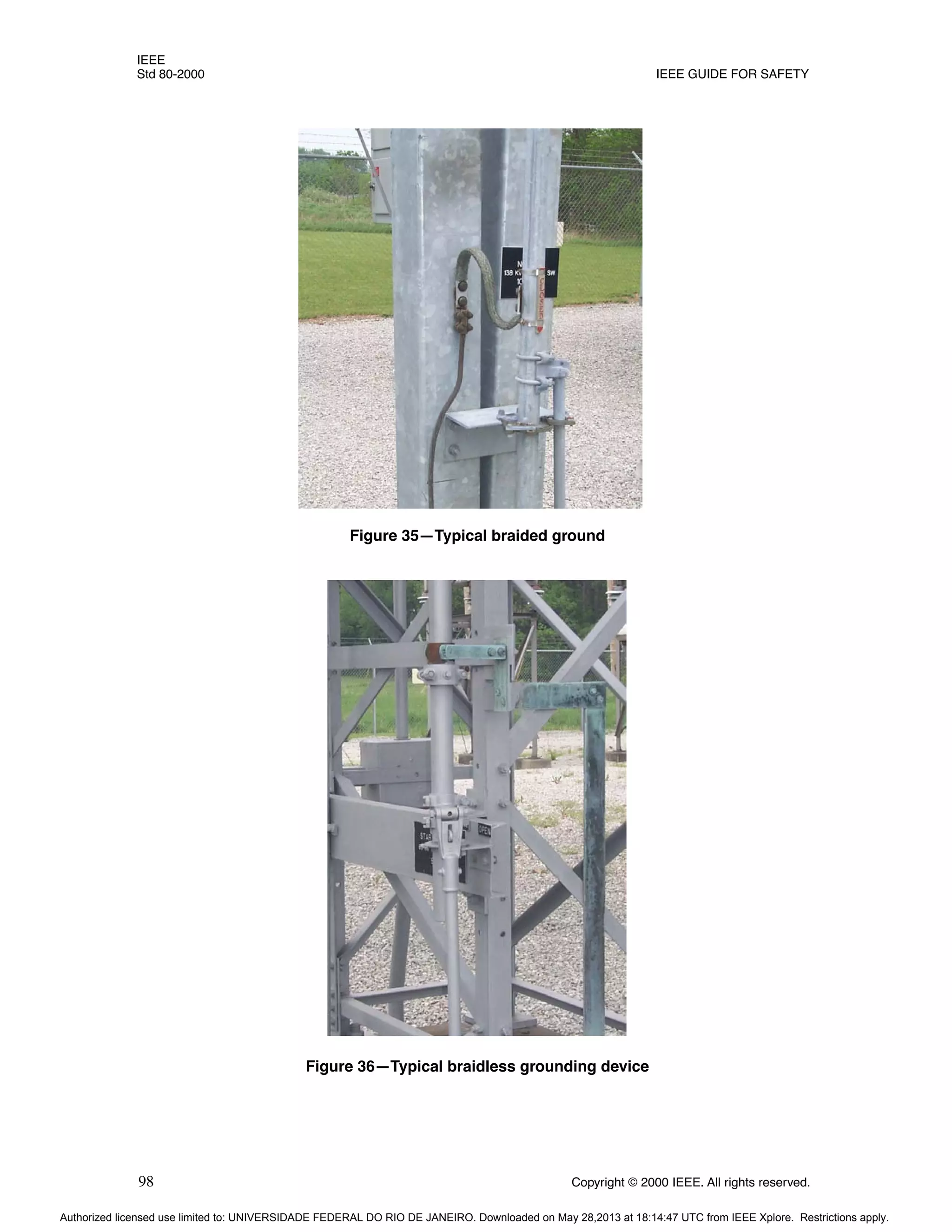 IEEE
Std 80-2000 IEEE GUIDE FOR SAFETY
98 Copyright © 2000 IEEE. All rights reserved.
Figure 35—Typical braided ground
Figure 36—Typical braidless grounding device
Authorized licensed use limited to: UNIVERSIDADE FEDERAL DO RIO DE JANEIRO. Downloaded on May 28,2013 at 18:14:47 UTC from IEEE Xplore. Restrictions apply.
 