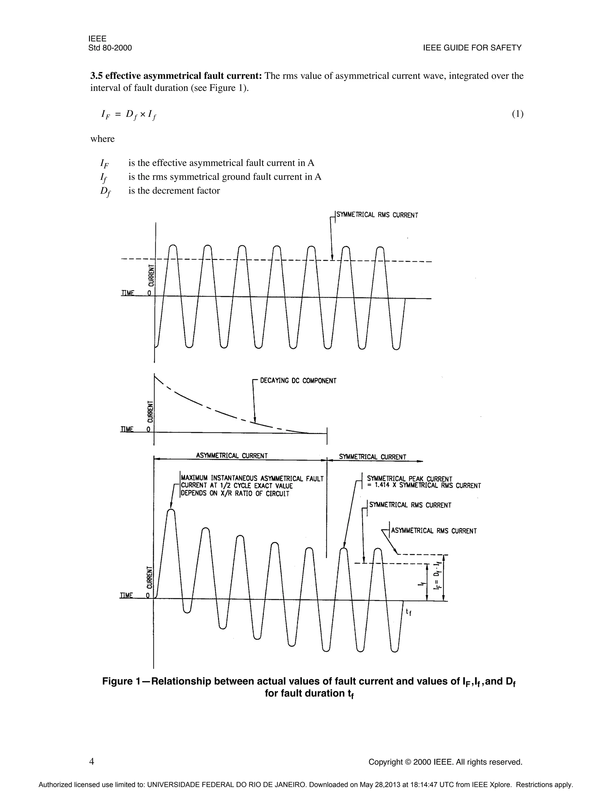IEEE
Std 80-2000 IEEE GUIDE FOR SAFETY
4 Copyright © 2000 IEEE. All rights reserved.
3.5 effective asymmetrical fault current: The rms value of asymmetrical current wave, integrated over the
interval of fault duration (see Figure 1).
(1)
where
IF is the effective asymmetrical fault current in A
If is the rms symmetrical ground fault current in A
Df is the decrement factor
IF Df I f
×
=
Figure 1—Relationship between actual values of fault current and values of IF,If ,and Df
for fault duration tf
Authorized licensed use limited to: UNIVERSIDADE FEDERAL DO RIO DE JANEIRO. Downloaded on May 28,2013 at 18:14:47 UTC from IEEE Xplore. Restrictions apply.
 