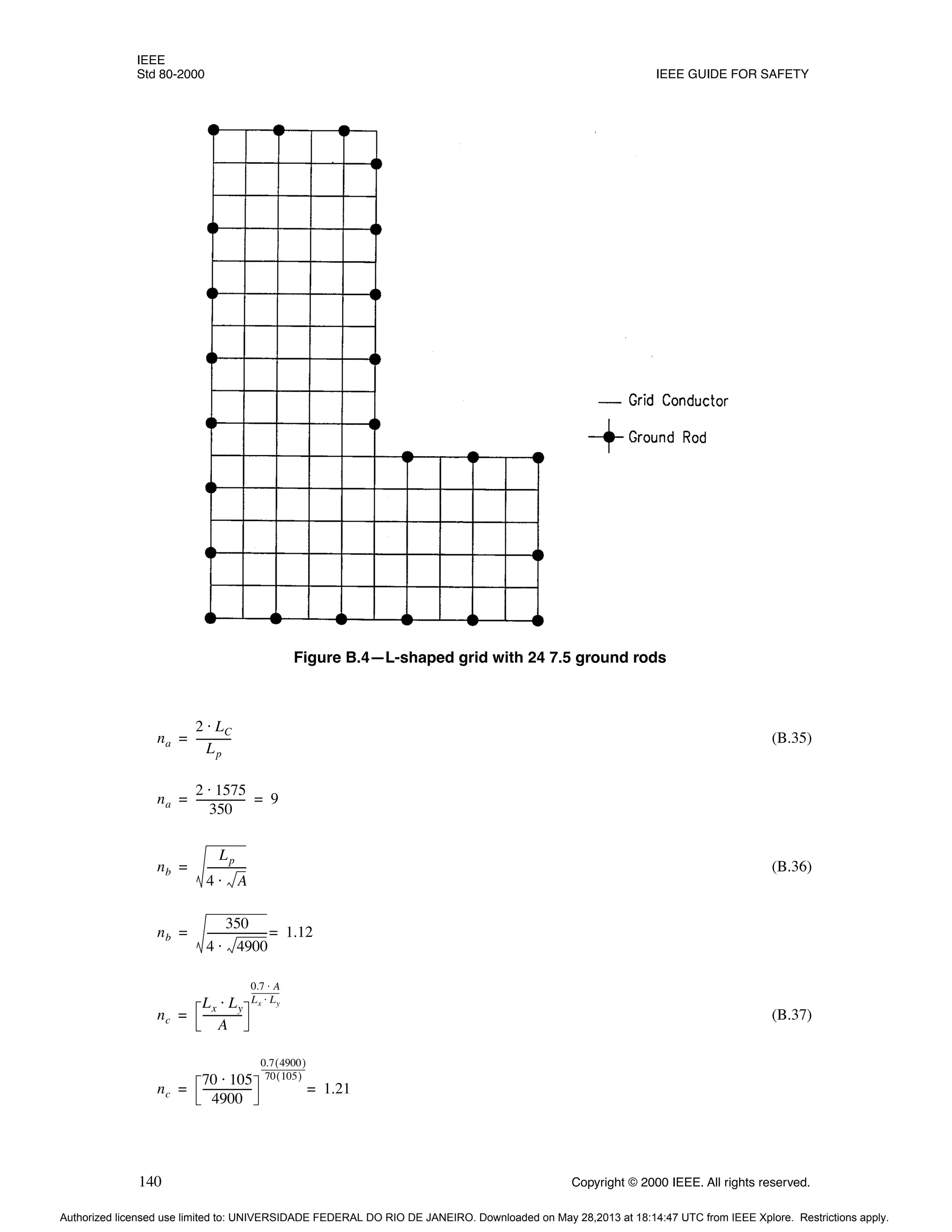 IEEE
Std 80-2000 IEEE GUIDE FOR SAFETY
140 Copyright © 2000 IEEE. All rights reserved.
(B.35)
(B.36)
(B.37)
Figure B.4—L-shaped grid with 24 7.5 ground rods
na
2 LC
⋅
Lp
-------------
-
=
na
2 1575
⋅
350
------------------
- 9
= =
nb
Lp
4 A
⋅
--------------
-
=
nb
350
4 4900
⋅
----------------------
- 1.12
=
=
nc
Lx Ly
⋅
A
--------------
-
0.7 A
⋅
Lx Ly
⋅
---------------
=
nc
70 105
⋅
4900
------------------
-
0.7 4900
( )
70 105
( )
------------------------
1.21
=
=
Authorized licensed use limited to: UNIVERSIDADE FEDERAL DO RIO DE JANEIRO. Downloaded on May 28,2013 at 18:14:47 UTC from IEEE Xplore. Restrictions apply.
 
